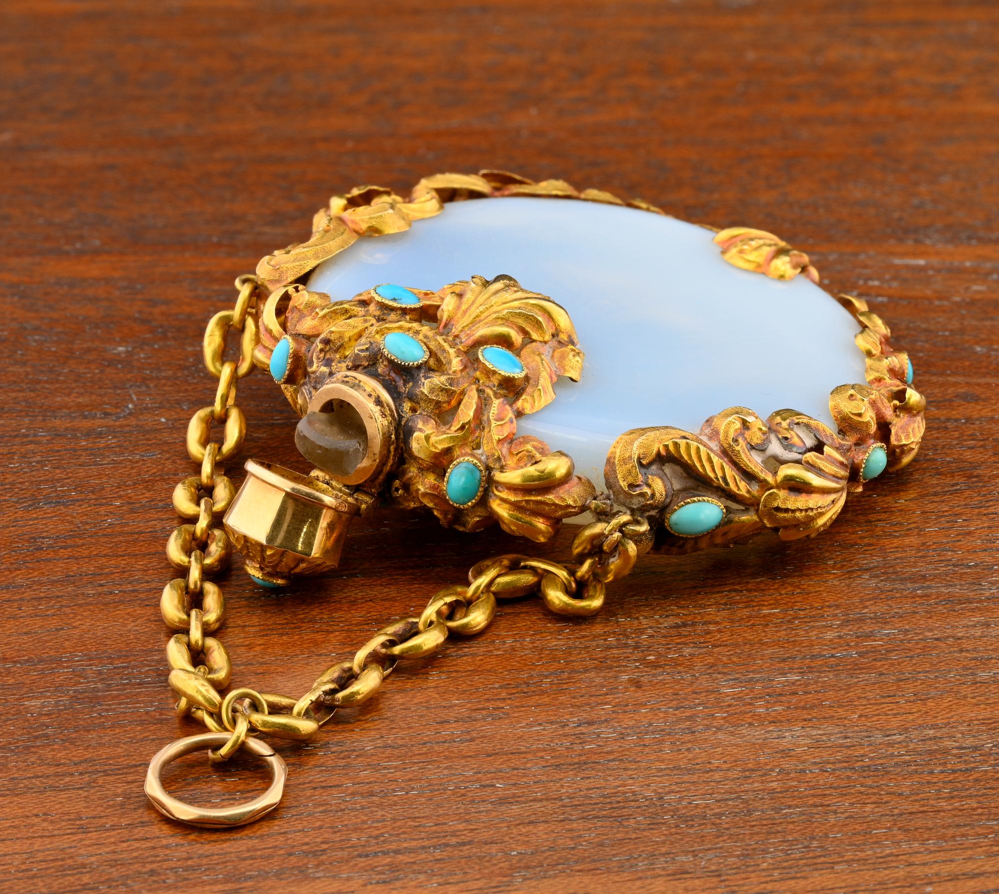 Regency Scent Bottle Azure Opaline Turquoise 15 Ct Gold Pendant For Sale 3