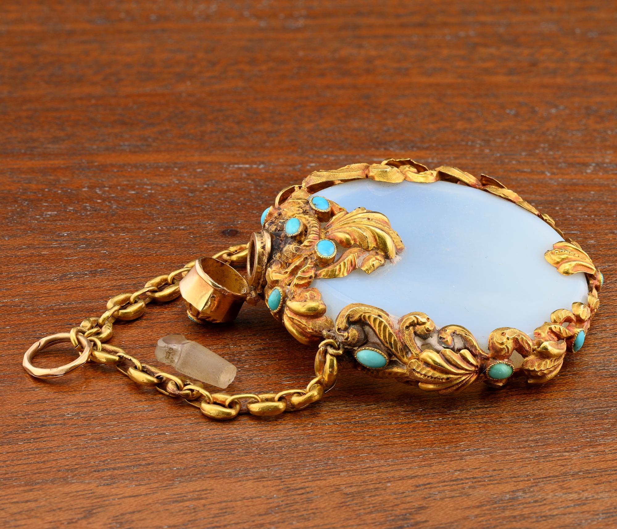 Regency Scent Bottle Azure Opaline Turquoise 15 Ct Gold Pendant For Sale 4