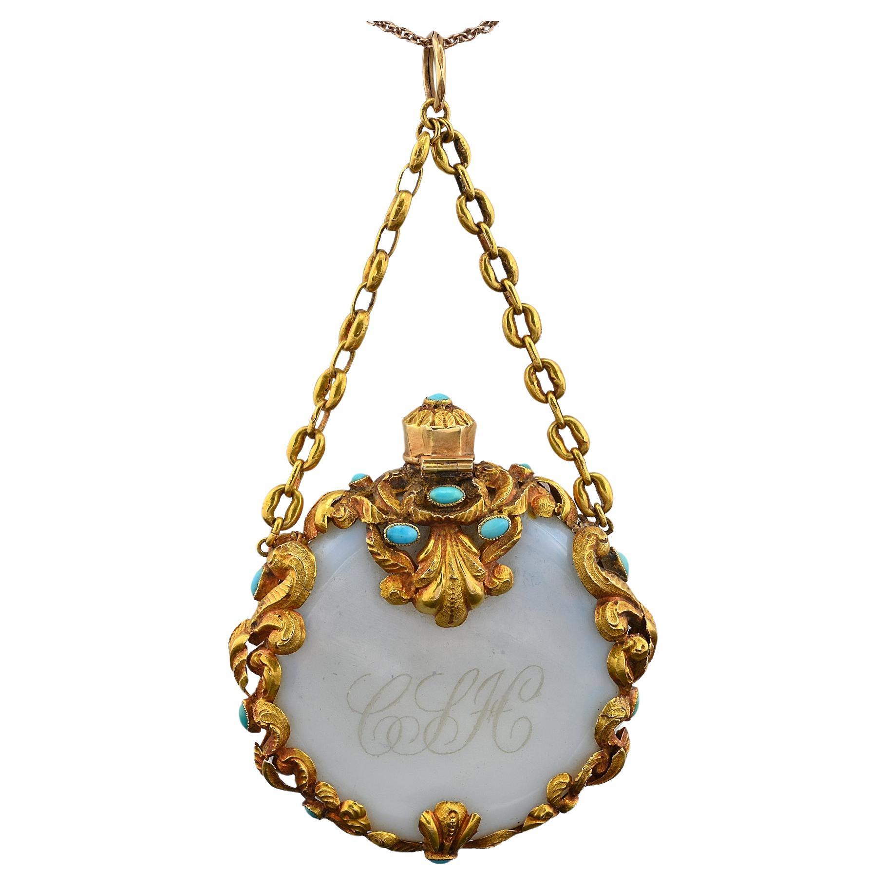 Regency Scent Bottle Azure Opaline Turquoise 15 Ct Gold Pendant For Sale