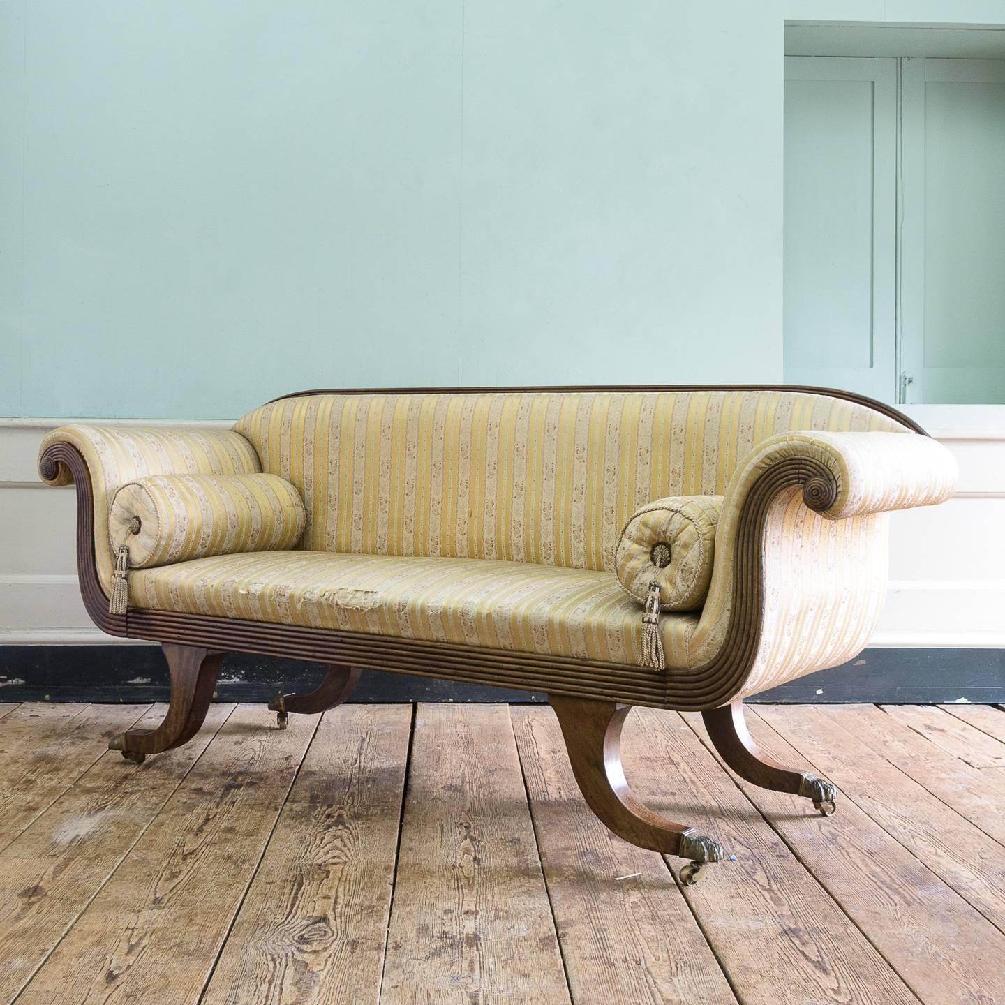 A Regency mahogany scroll end sofa, c.1820, with reeded frame throughout and gold striped silk fabric and bolster cushions, the sabre legs with gilt-brass lion's paw casters. 

A well drawn and incredibly simple sofa, typifying the style and