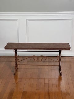 Regency Scroll Iron Bench, Coffee Table, Faux Leather Trompe-l'oeil Top, 1960s