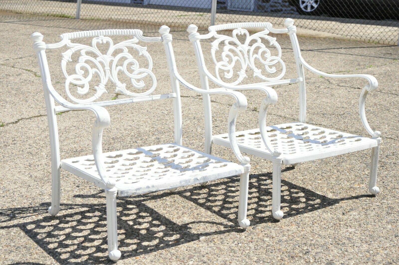 Regency Scrollwork Aluminum Garden Patio Lounge Arm Chairs with Ottoman, a Pair For Sale 7
