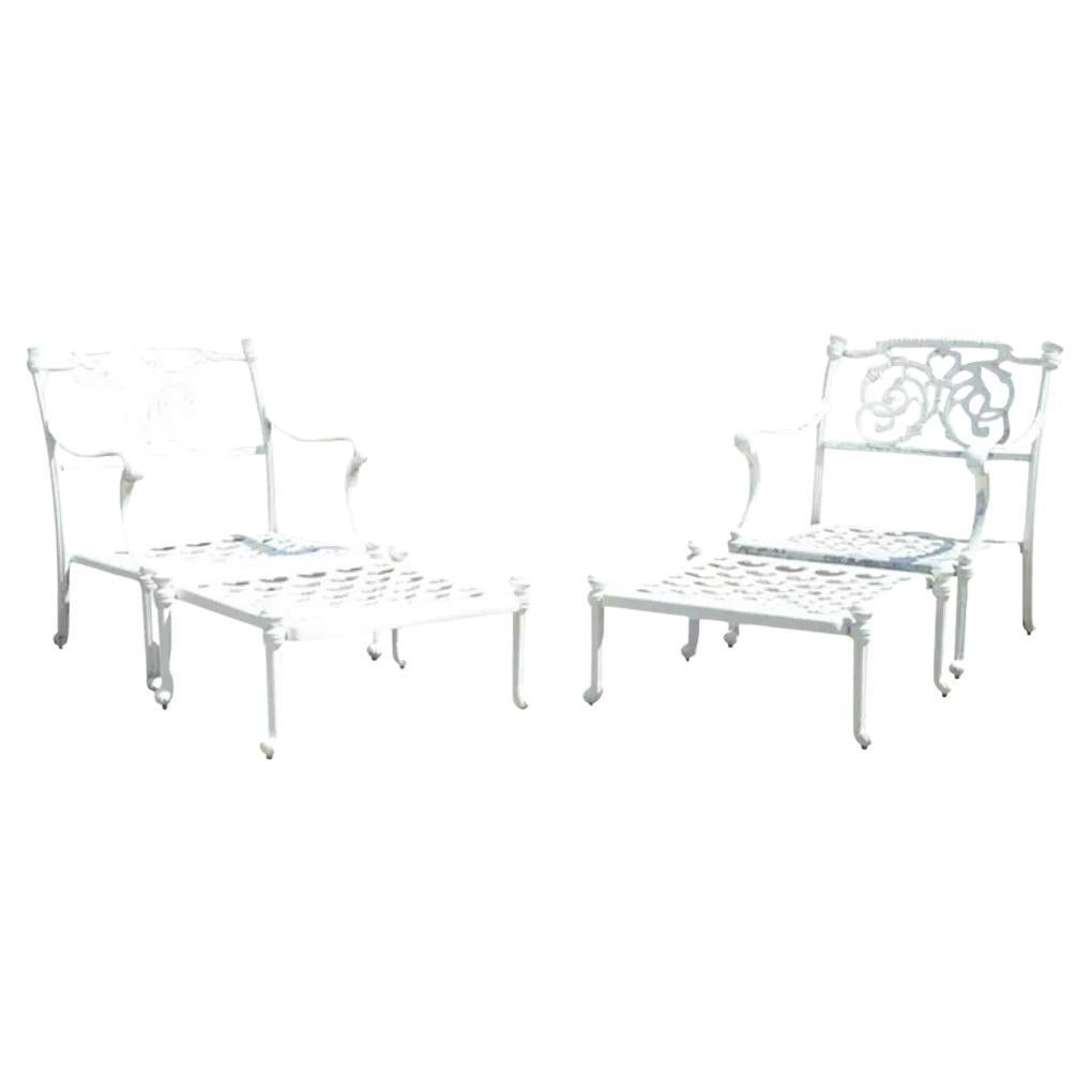Regency Scrollwork Aluminum Garden Patio Lounge Arm Chairs with Ottoman- a Pair