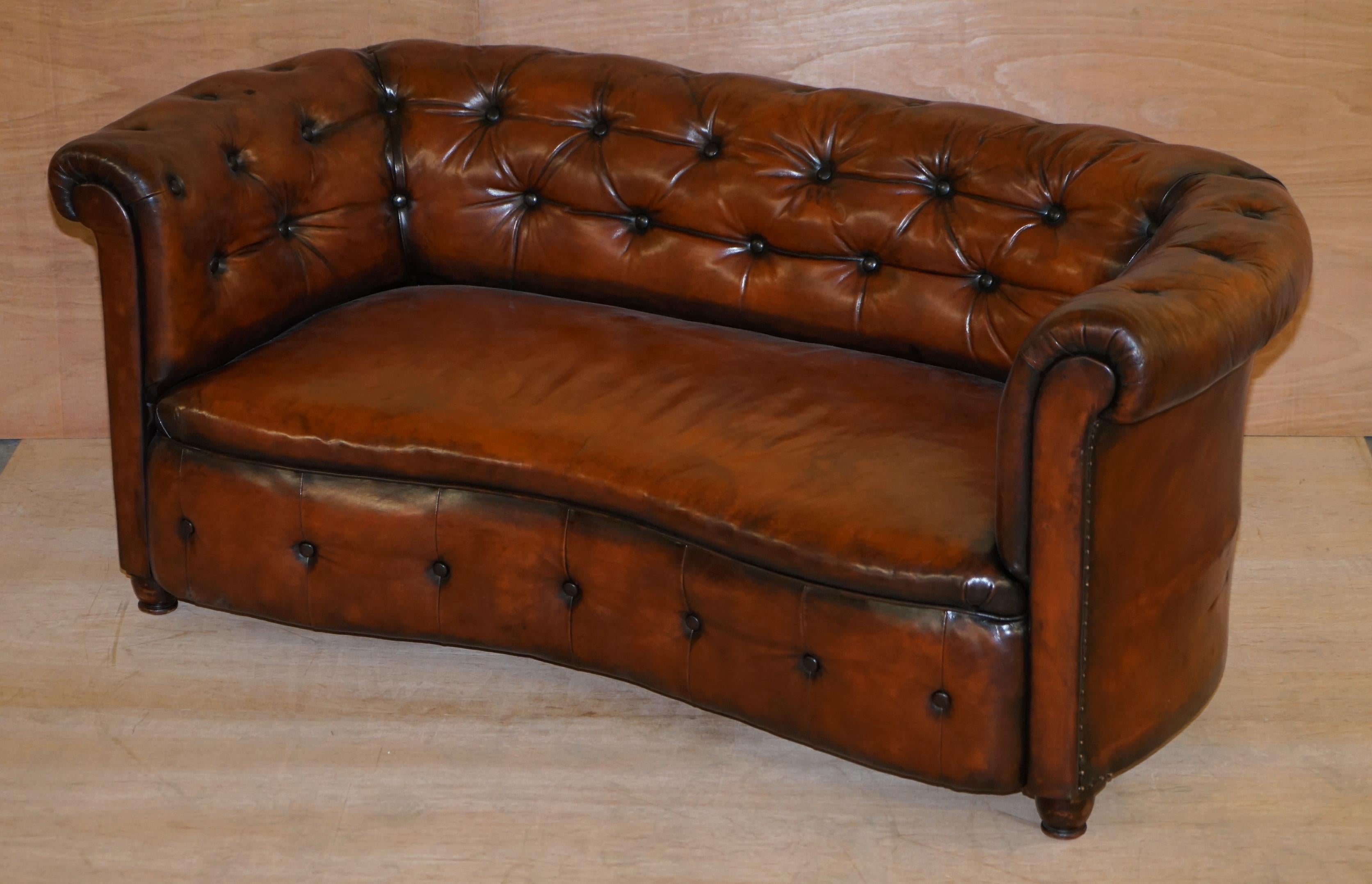 English Regency Serpentine Hand Dyed Restored Whisky Brown Leather Chesterfield Sofa For Sale