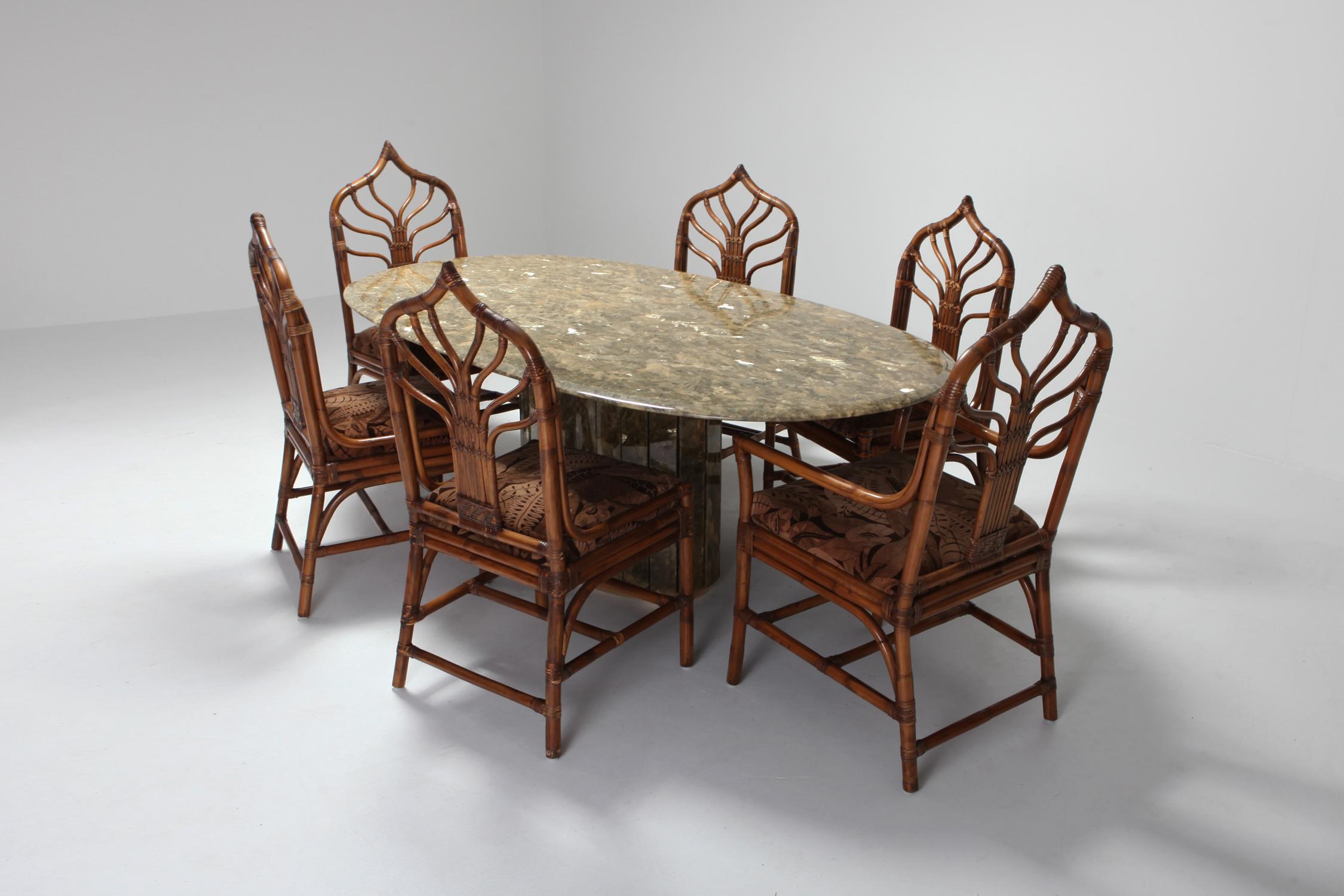 Regency Set of Italian Bamboo Dining Chairs with Floral Cushions 14