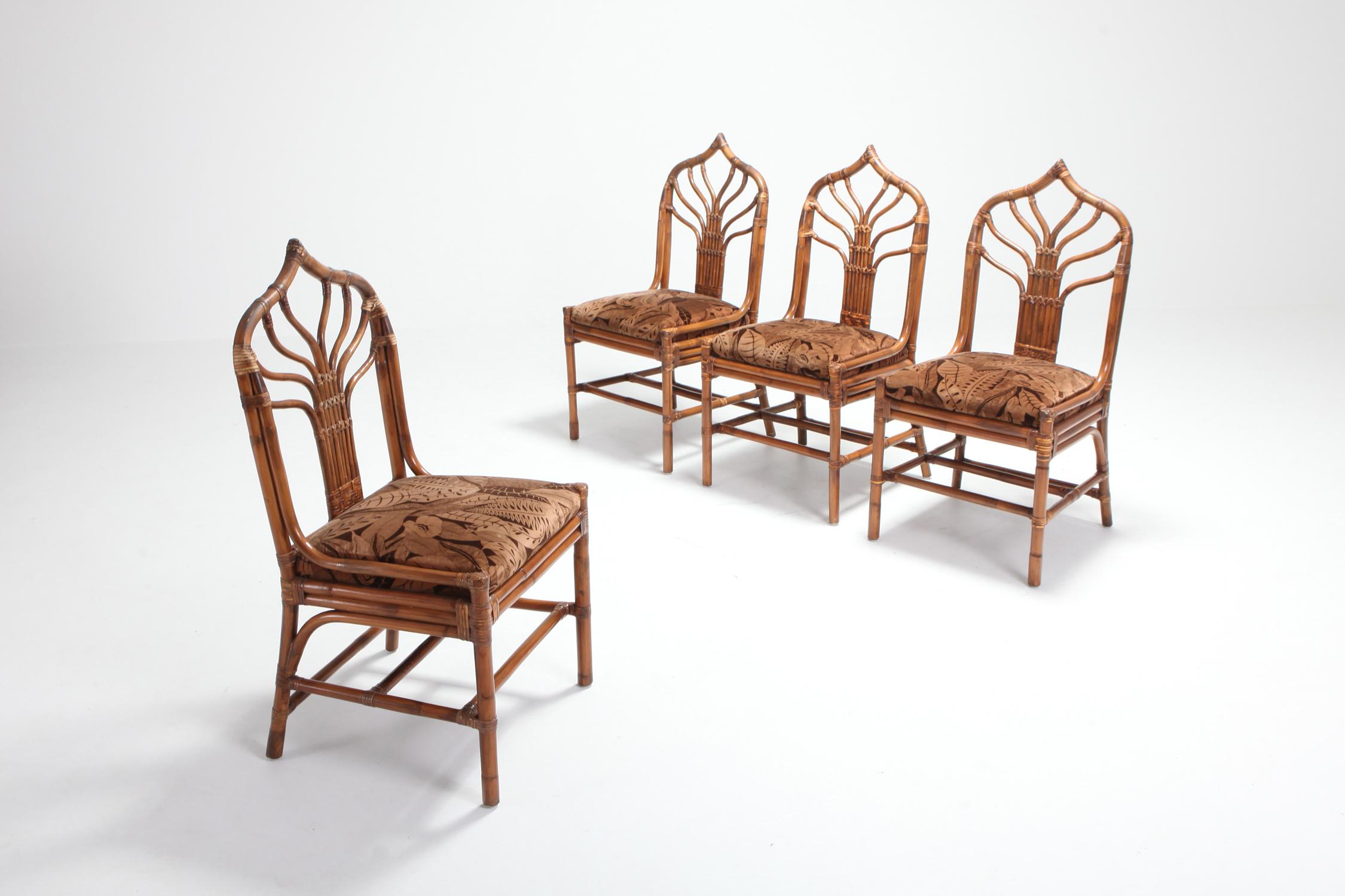 Hollywood Regency Regency Set of Italian Bamboo Dining Chairs with Floral Cushions