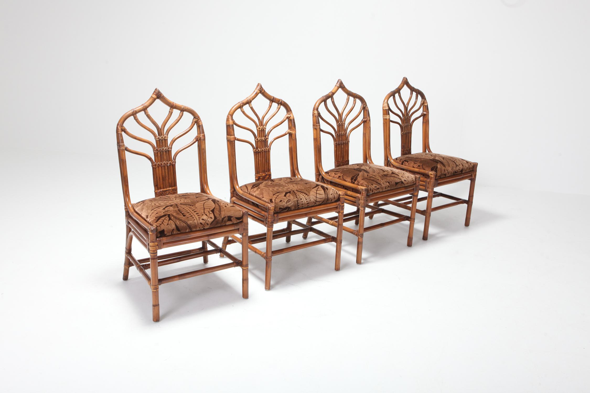 Regency Set of Italian Bamboo Dining Chairs with Floral Cushions In Good Condition In Antwerp, BE