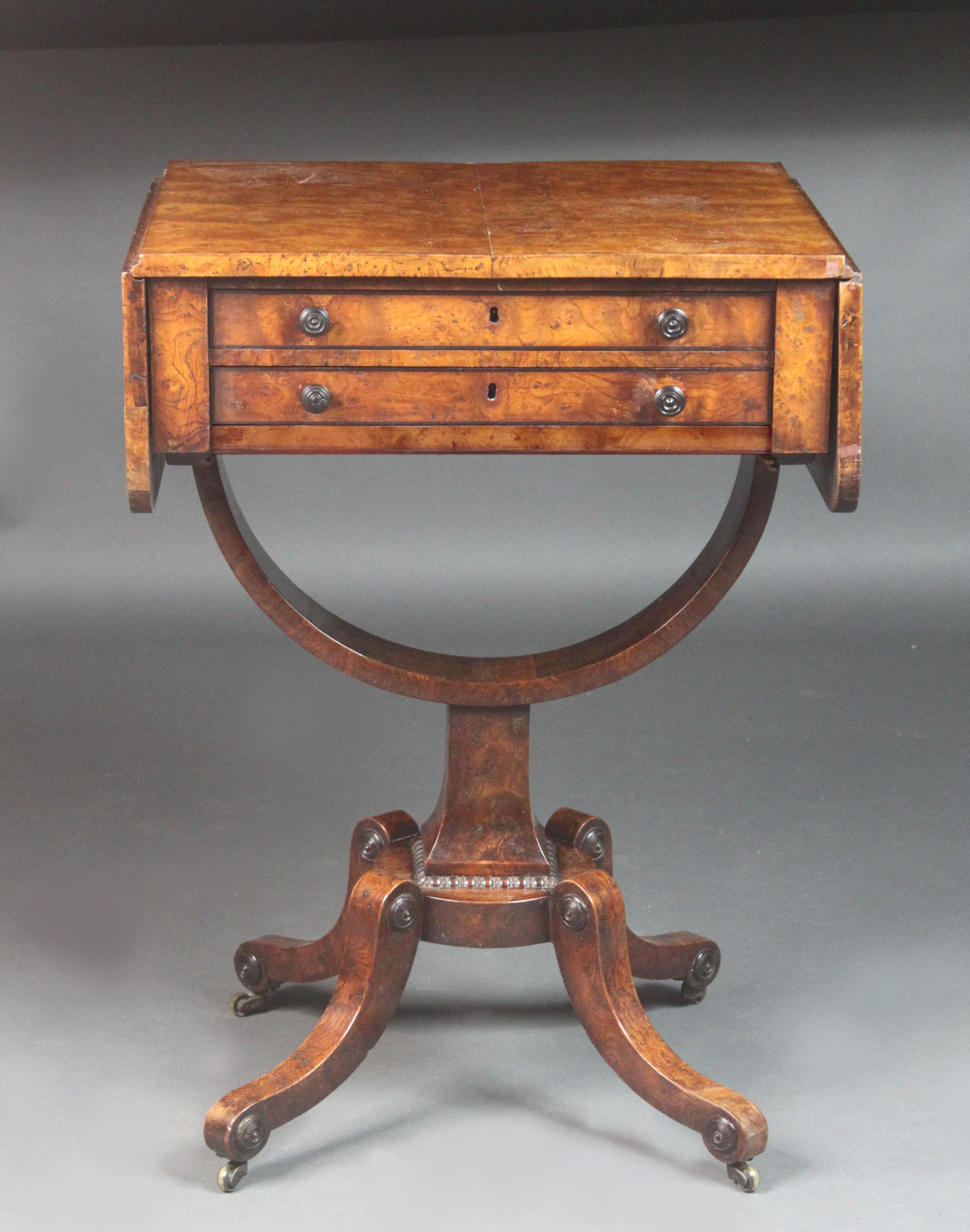 English Regency Sewing Table in Burr Ash For Sale
