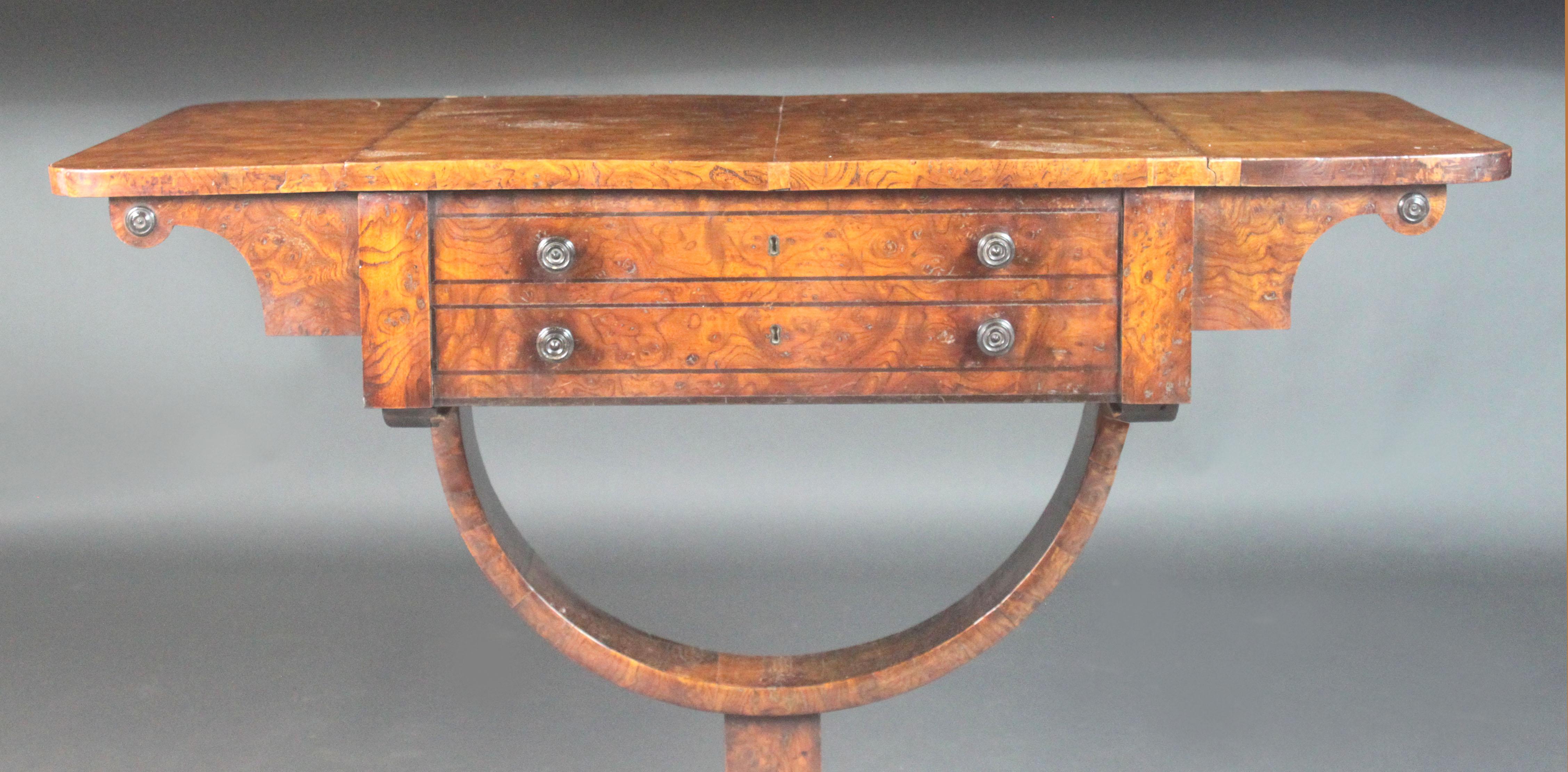 Regency Sewing Table in Burr Ash In Good Condition For Sale In Bradford-on-Avon, Wiltshire