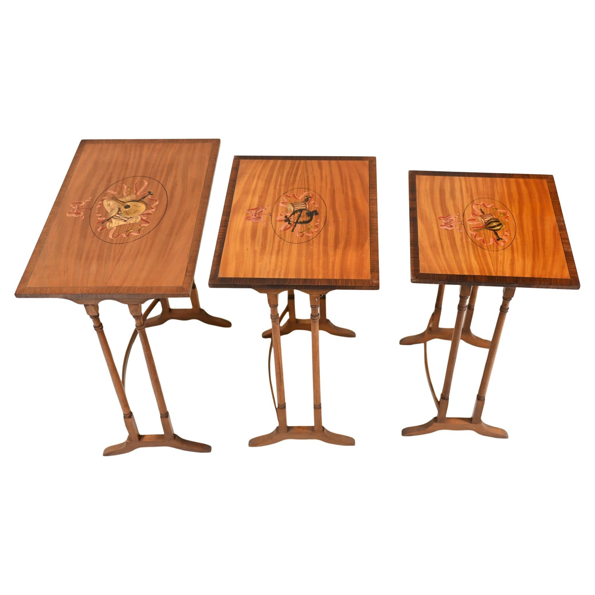 Regency Sheraton Nest Tables Side Table Painted Musical Instruments For Sale