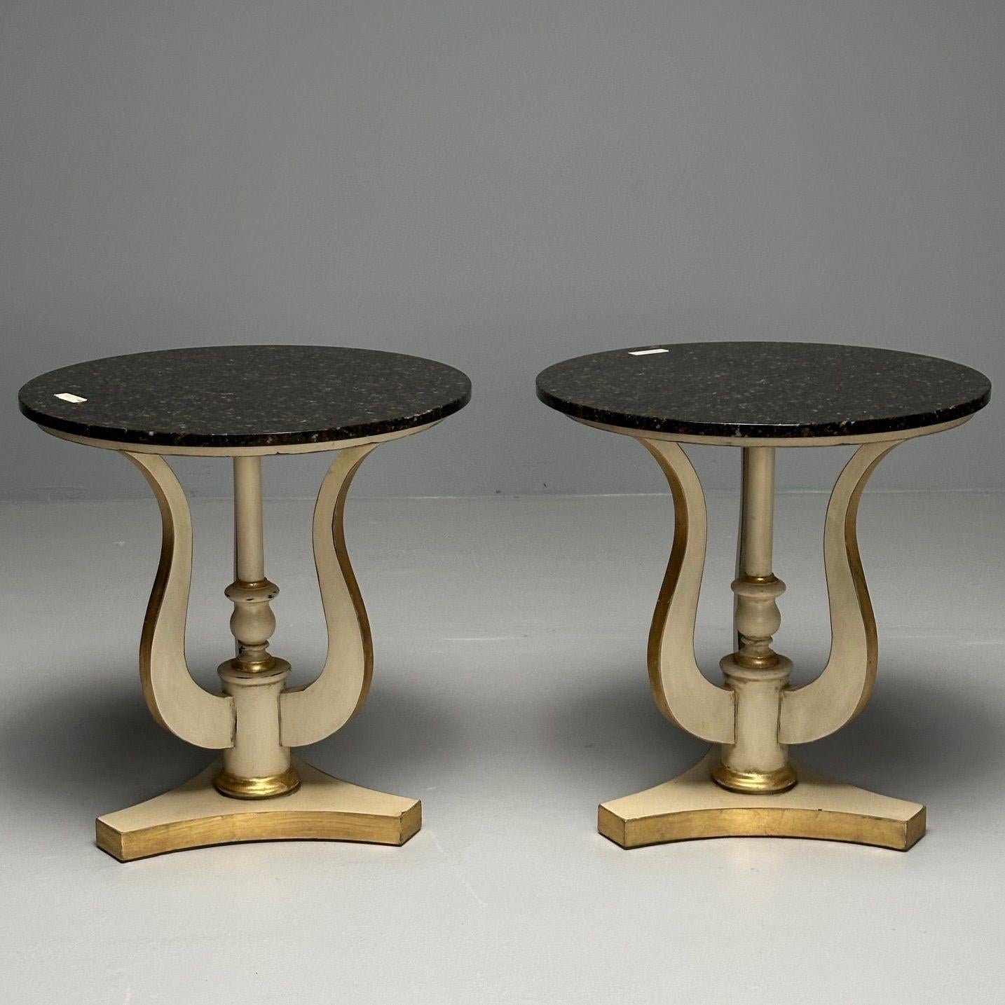 American Regency, Side Tables, Pedestals, Ivory Paint, Giltwood, Marble Tops, USA, 1960s For Sale