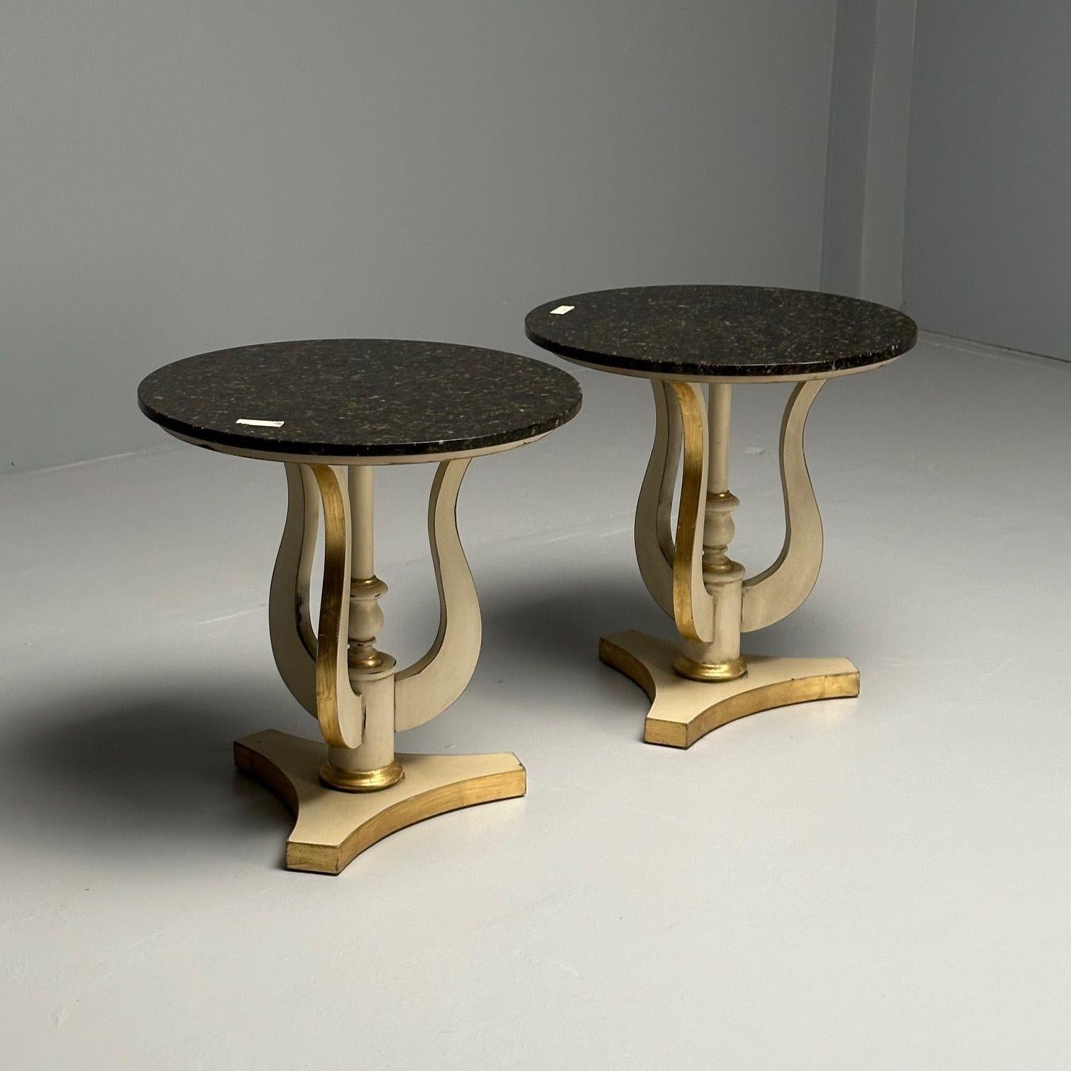 Mid-20th Century Regency, Side Tables, Pedestals, Ivory Paint, Giltwood, Marble Tops, USA, 1960s For Sale