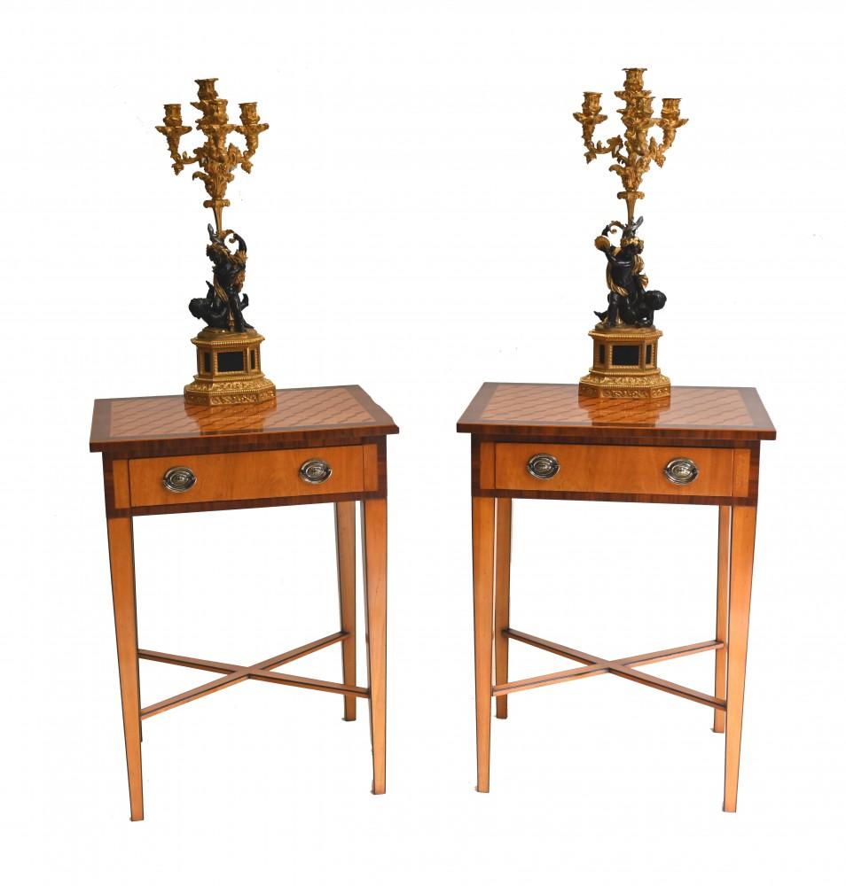 Gorgeous pair of refined side tables in the Regency manner
Hand crafted from saintwood with rosewood trim
Table tops feature an intricate parquetry inlay design
Please let us know if you would like to view this piece in our Canonbury Antiques Herts