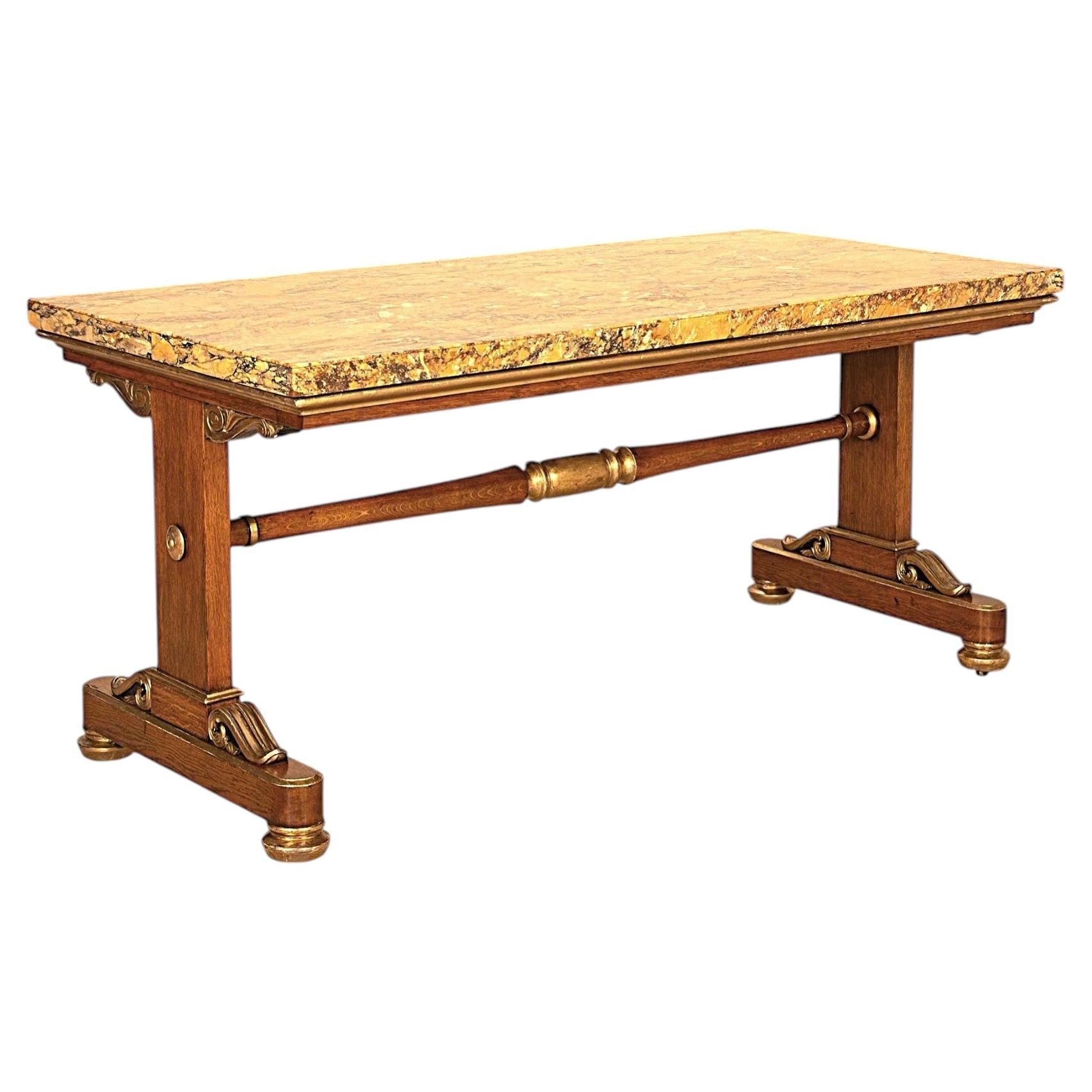 Regency Siena Marble, Oak & Giltwood Centre Table For Sale
