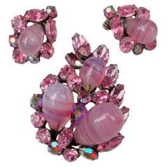 Regency, Signed Designer Pink Poured Pear Glass & Rhinestone Demi Set