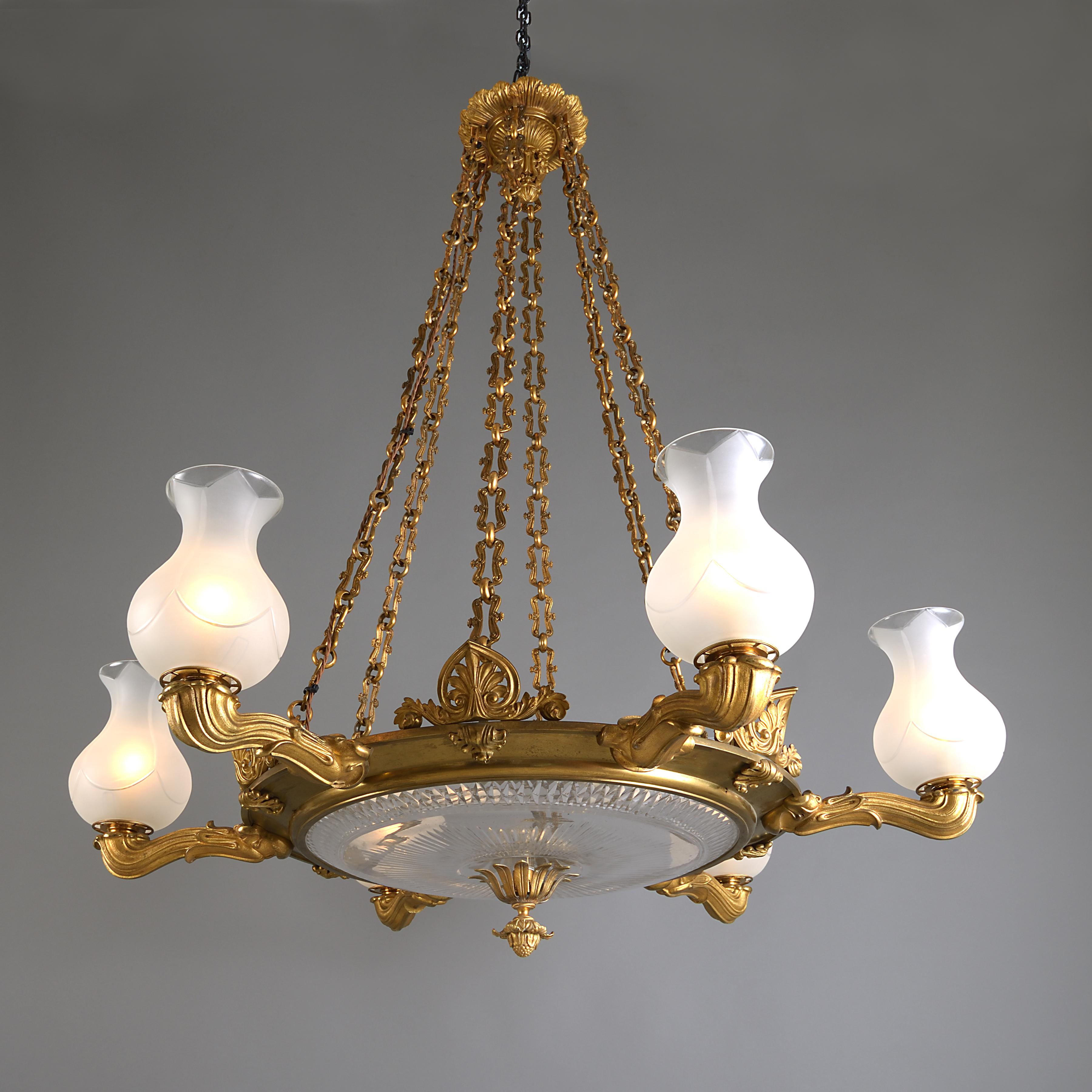 A fine and large Regency lacquered brass and cut-glass six-light colza chandelier, circa 1815.