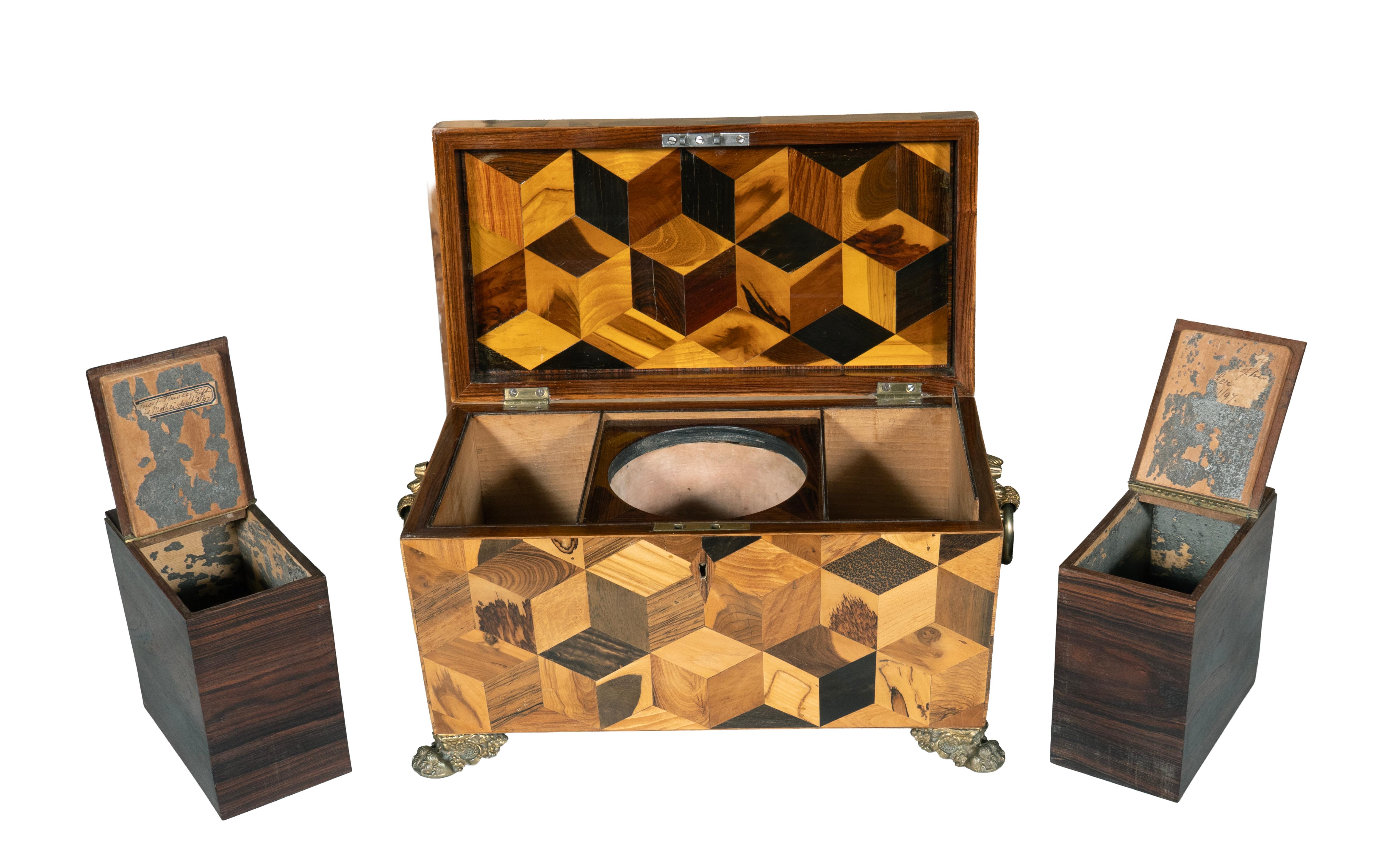 Regency Specimen Wood Parquetry Tea Caddy In Good Condition For Sale In Essex, MA