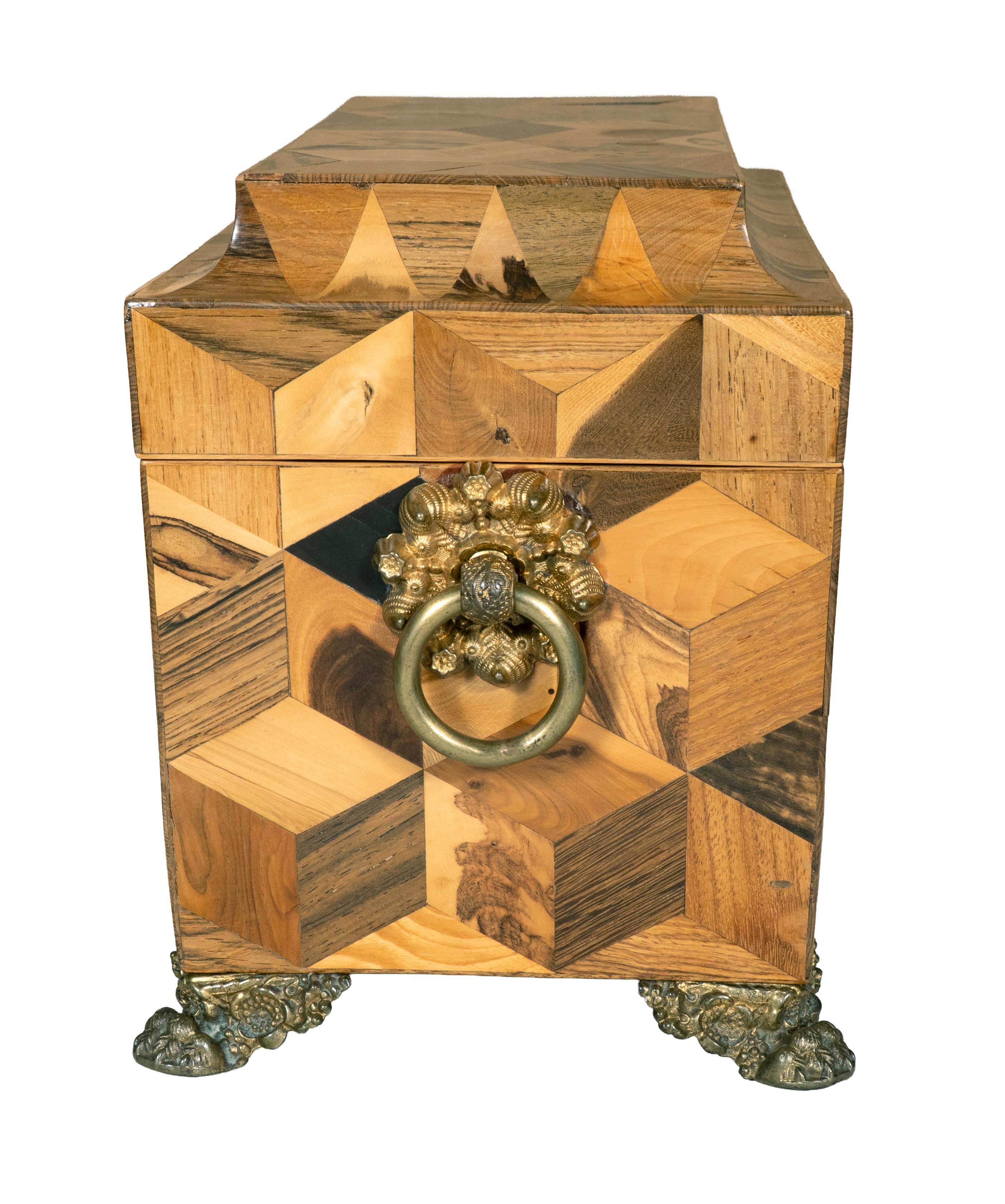 Brass Regency Specimen Wood Parquetry Tea Caddy For Sale