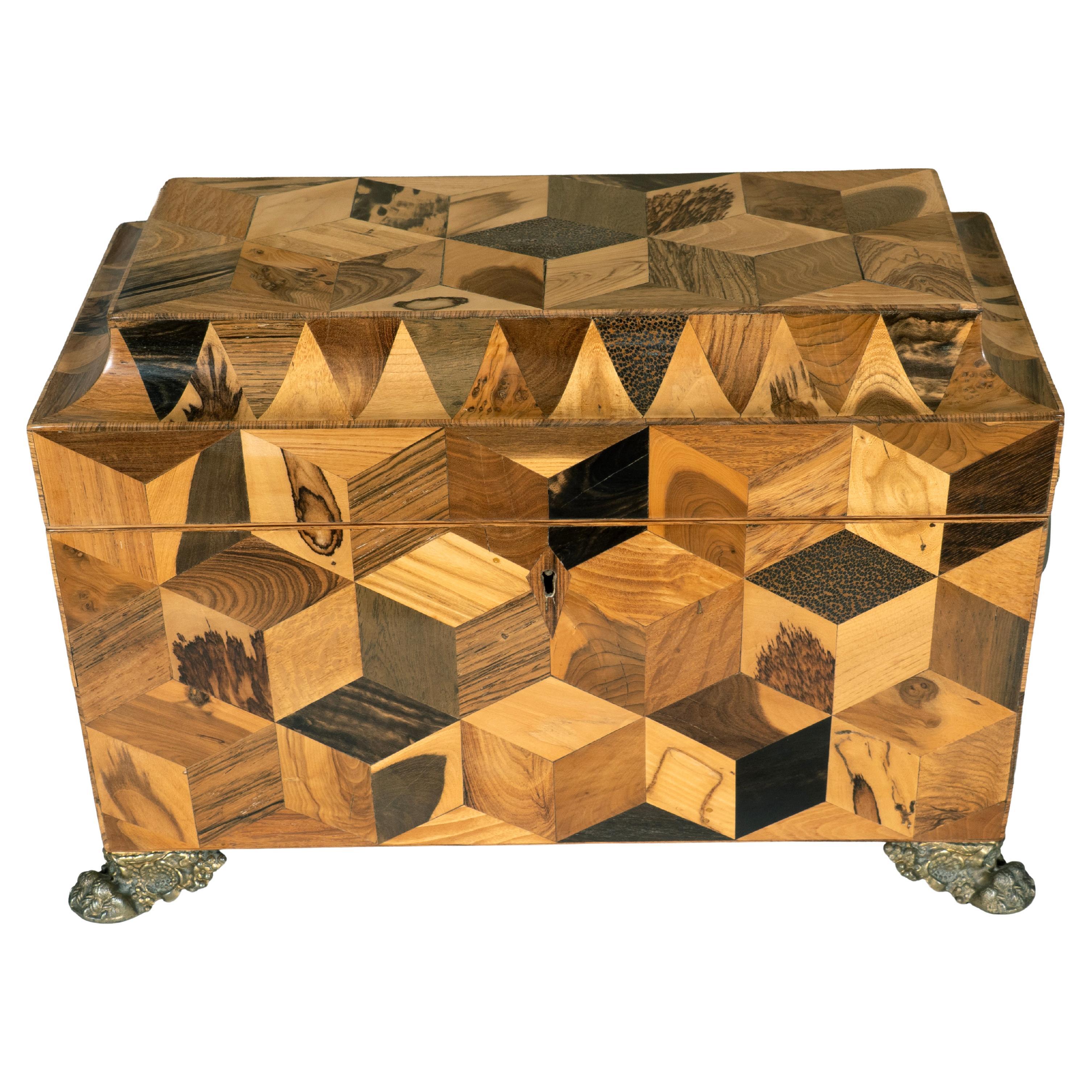 Regency Specimen Wood Parquetry Tea Caddy For Sale