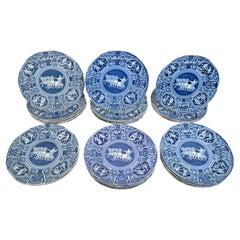 Regency Spode Neo-classical Greek Pattern Blue Dinner Plates- Thirty One Plates