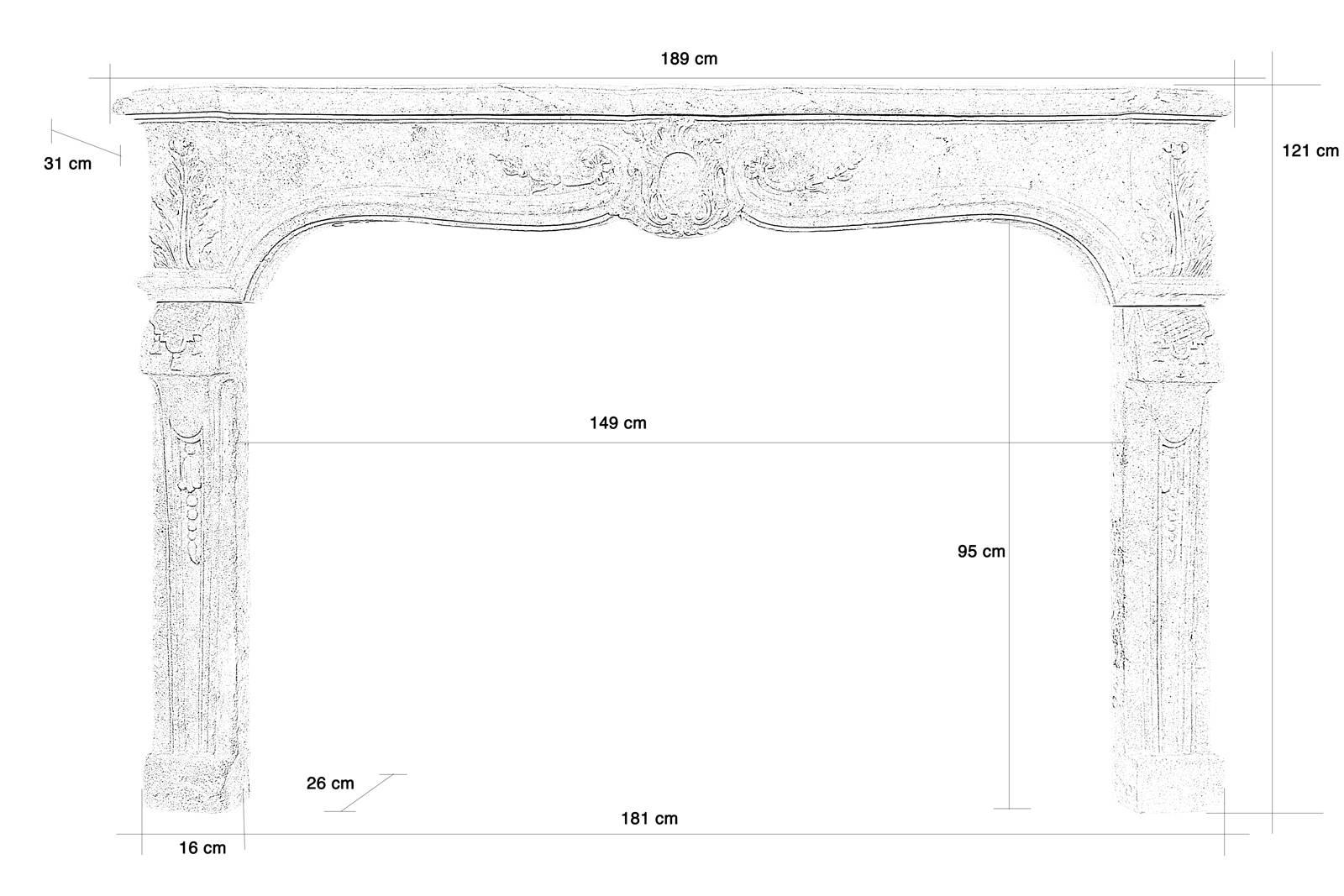 Dated from the 18th century, Regency stone fireplace. The slightly eventful lintel presents a median sculpted cartouche flanked by florets. Girdles jambs are adorned with fall of flower and a lembrequin surmounted by an acanthus leaf. The line of