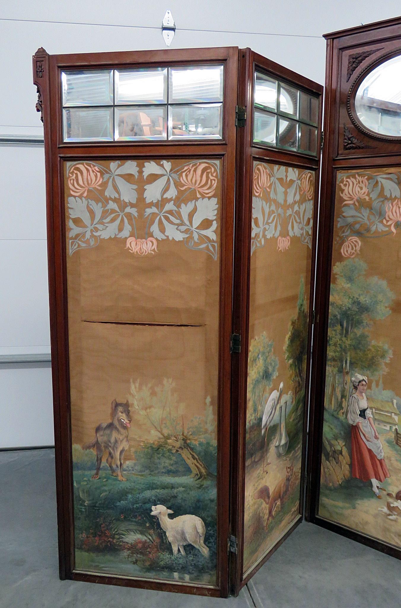 Regency style 4-panel screen with bevelled mirrors at the top of the panels. Each panel measures 26.5