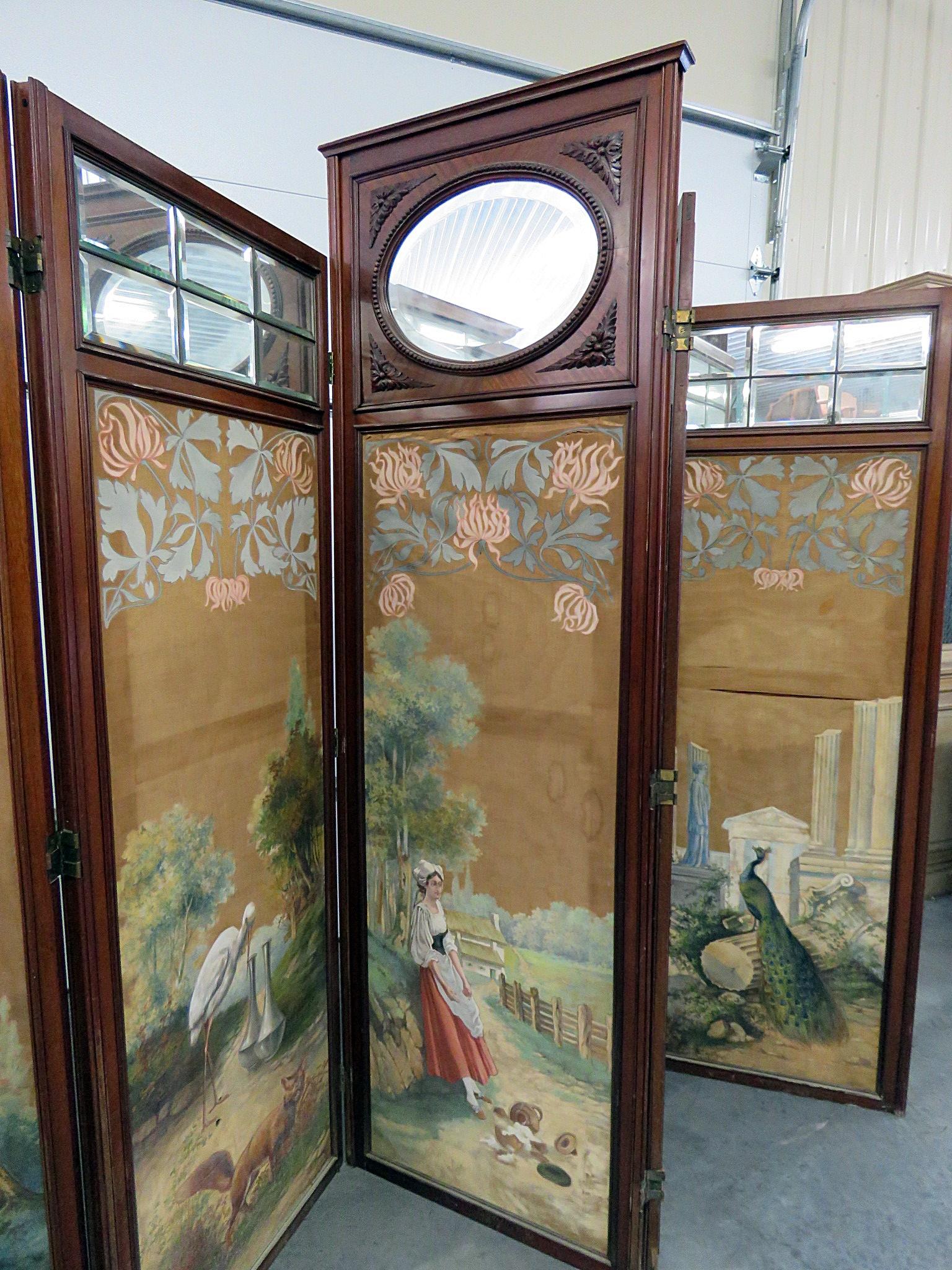 Paint Decorated Aesthetic Victorian 4-Panel Screen wirth Glazed Beveled Mirrors In Good Condition In Swedesboro, NJ