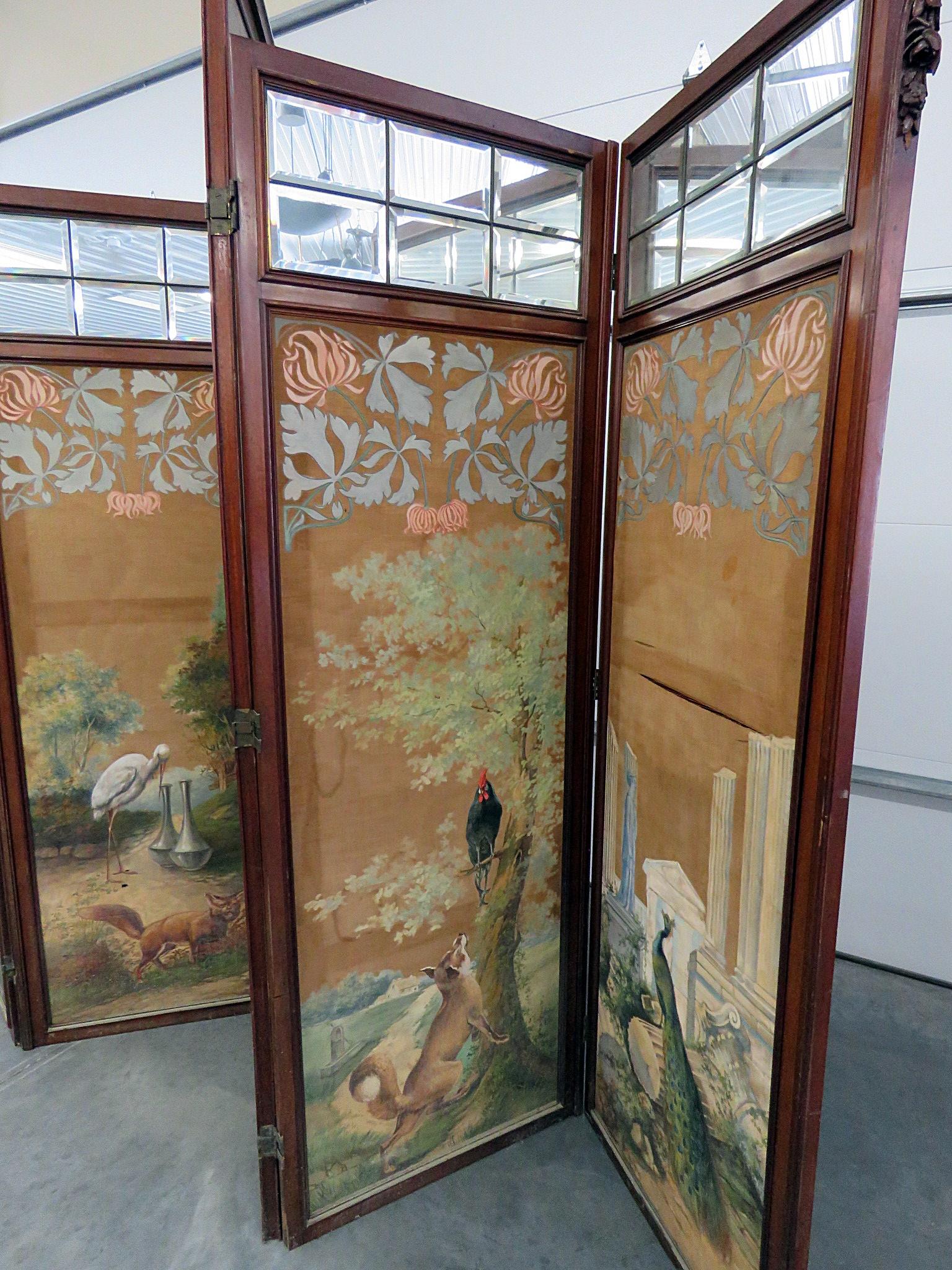 Fruitwood Paint Decorated Aesthetic Victorian 4-Panel Screen wirth Glazed Beveled Mirrors