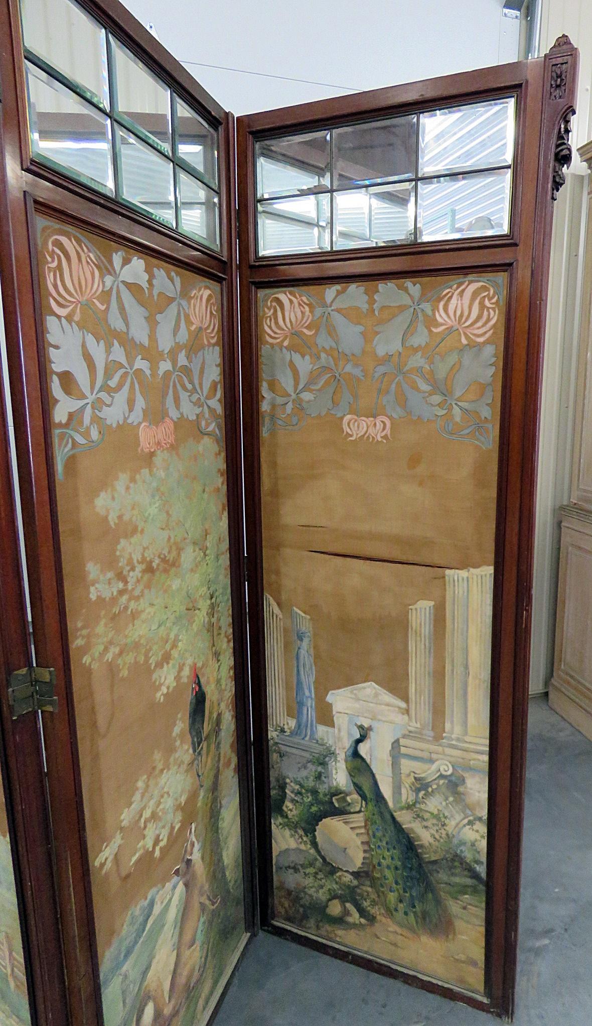 Paint Decorated Aesthetic Victorian 4-Panel Screen wirth Glazed Beveled Mirrors 1