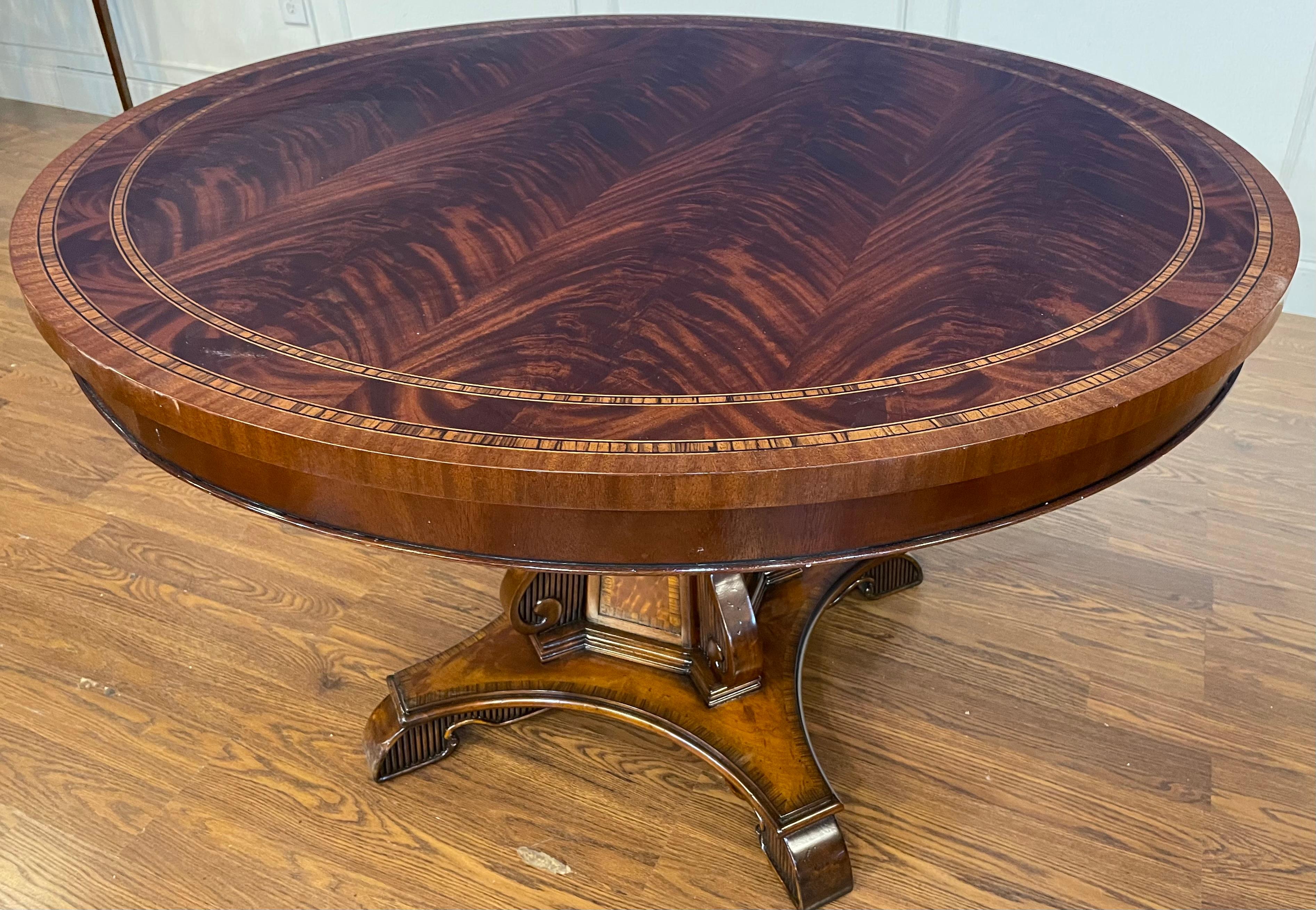 This is a Regency style round dining/Foyer/ breakfast/game table made by Leighton Hall in the Suwanee, Georgia shop.  This is a one-of-a-kind prototype used as a sample for the main Leighton Hall showroom.  It is in very good condition.

This table