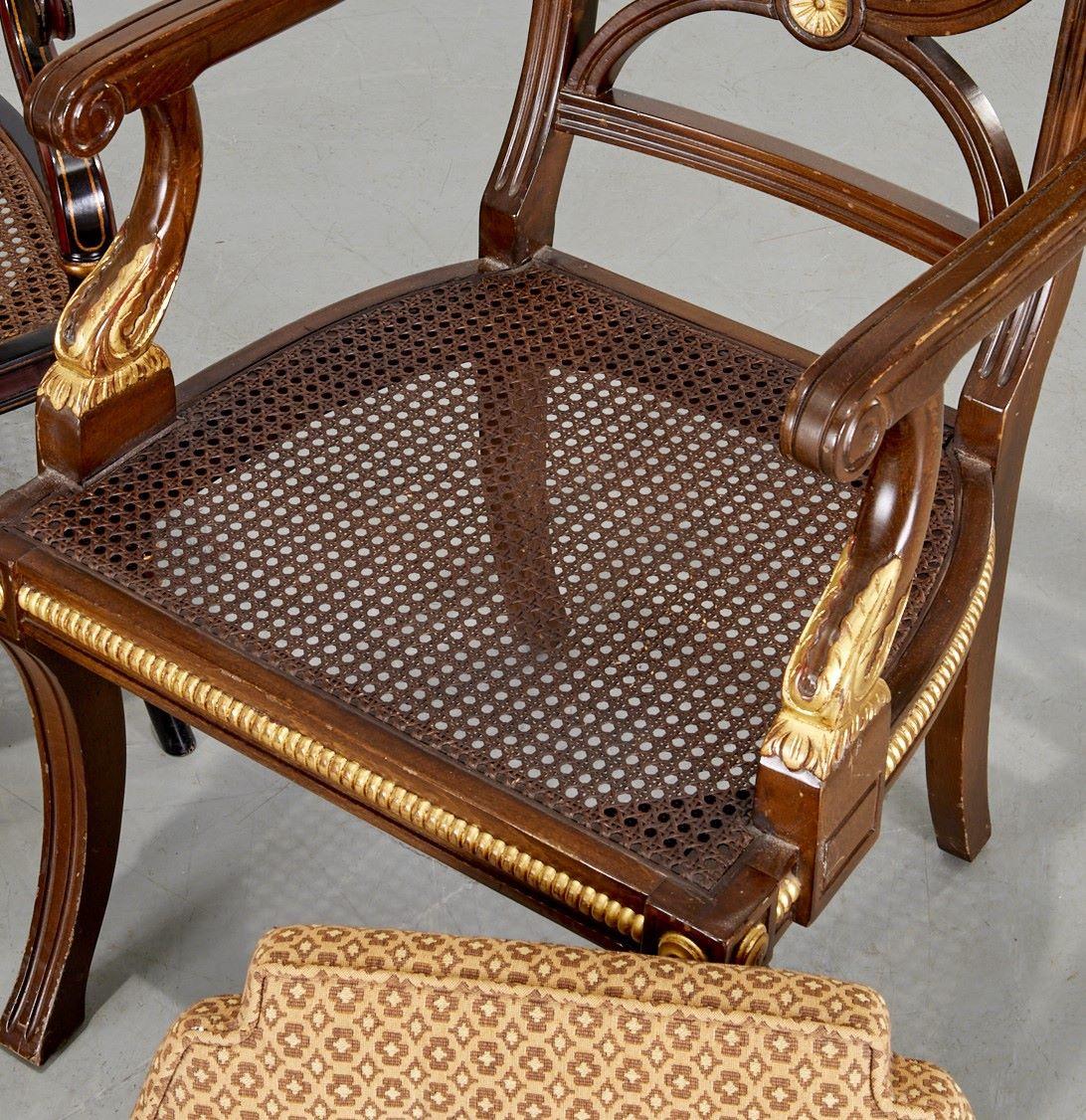 American Regency Style Armchair with Cane Seat with Gilt Folate Design and Medallions  For Sale