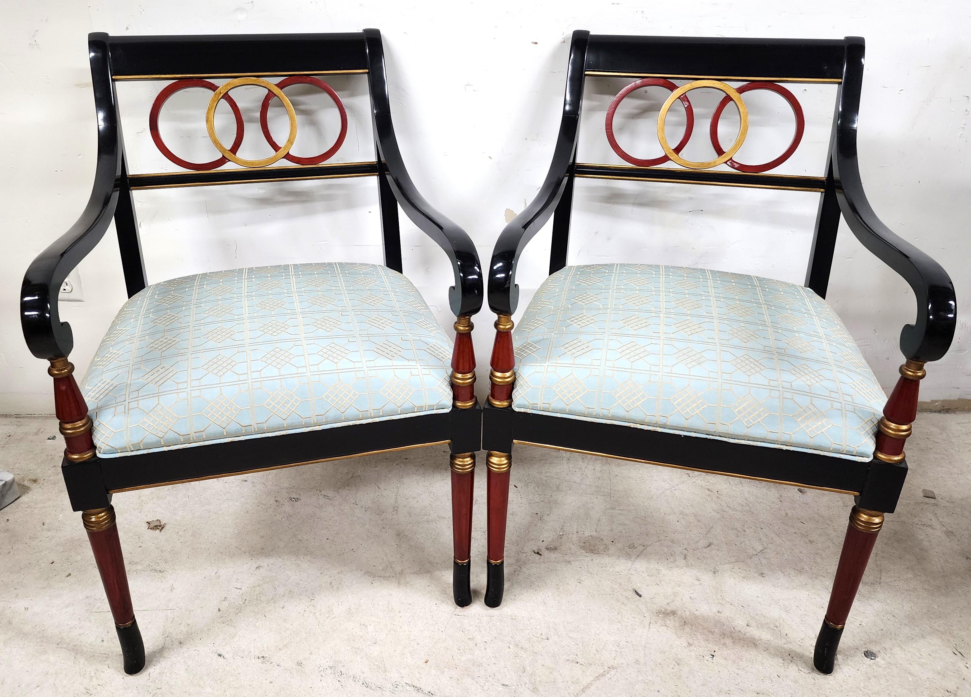 For FULL item description click on CONTINUE READING at the bottom of this page.

Offering One Of Our Recent Palm Beach Estate Fine Furniture Acquisitions Of A
Pair of Maitland Smith Style Regency Ebonized Armchairs 

Coloration: Fabric is a powder