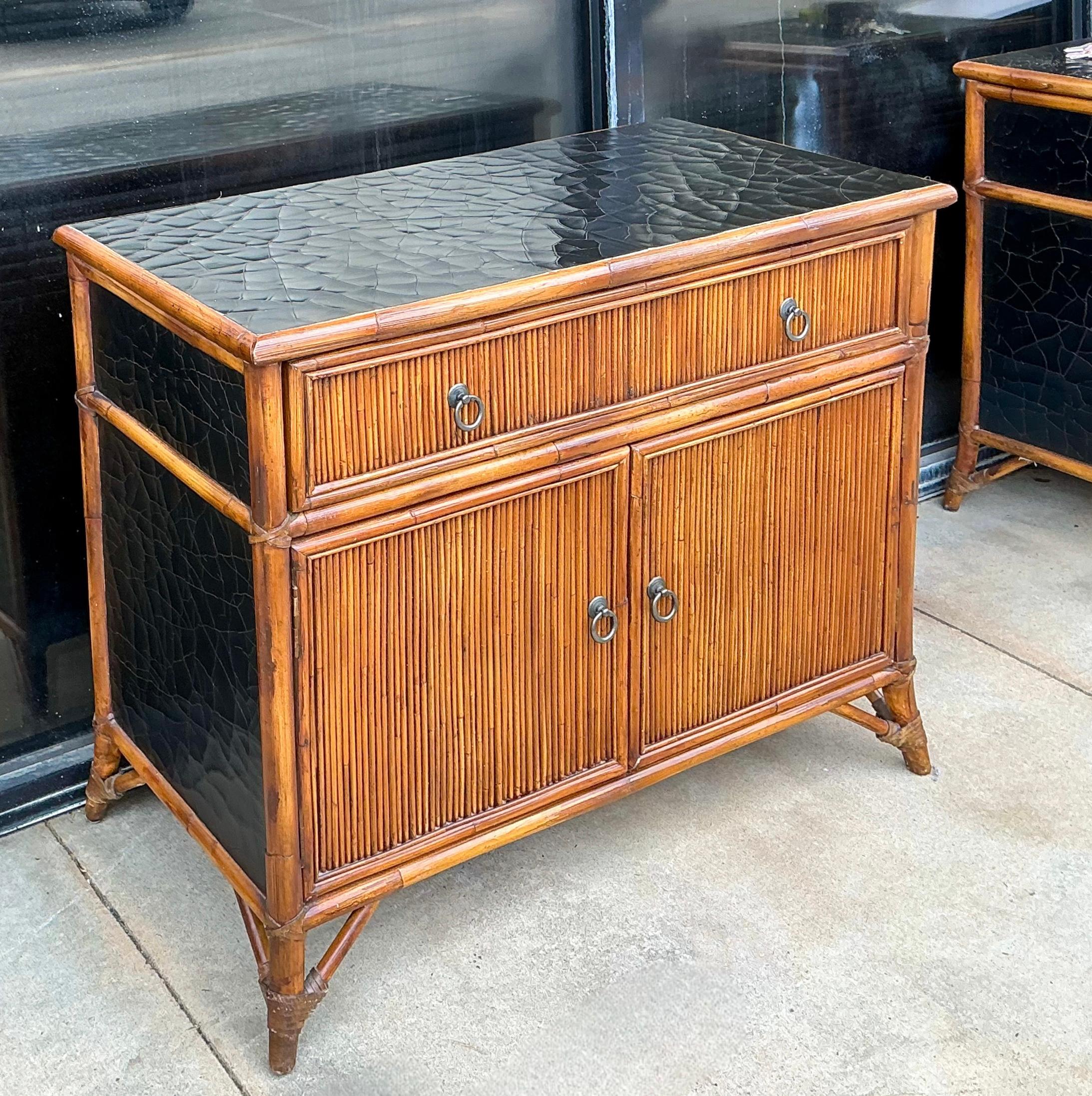 American Regency Style Baker Furniture Bamboo & Lacquer Cabinets / Chests / Tables -Pair
