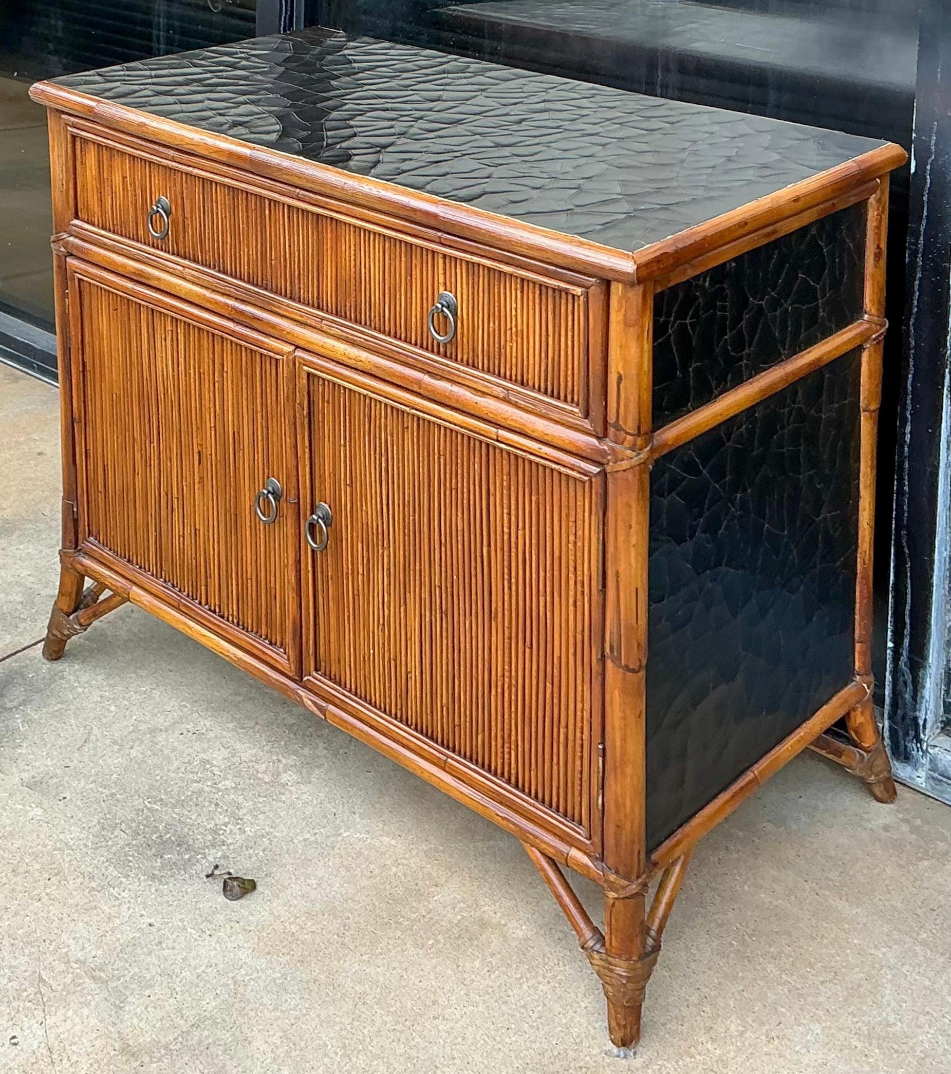 20th Century Regency Style Baker Furniture Bamboo & Lacquer Cabinets / Chests / Tables -Pair