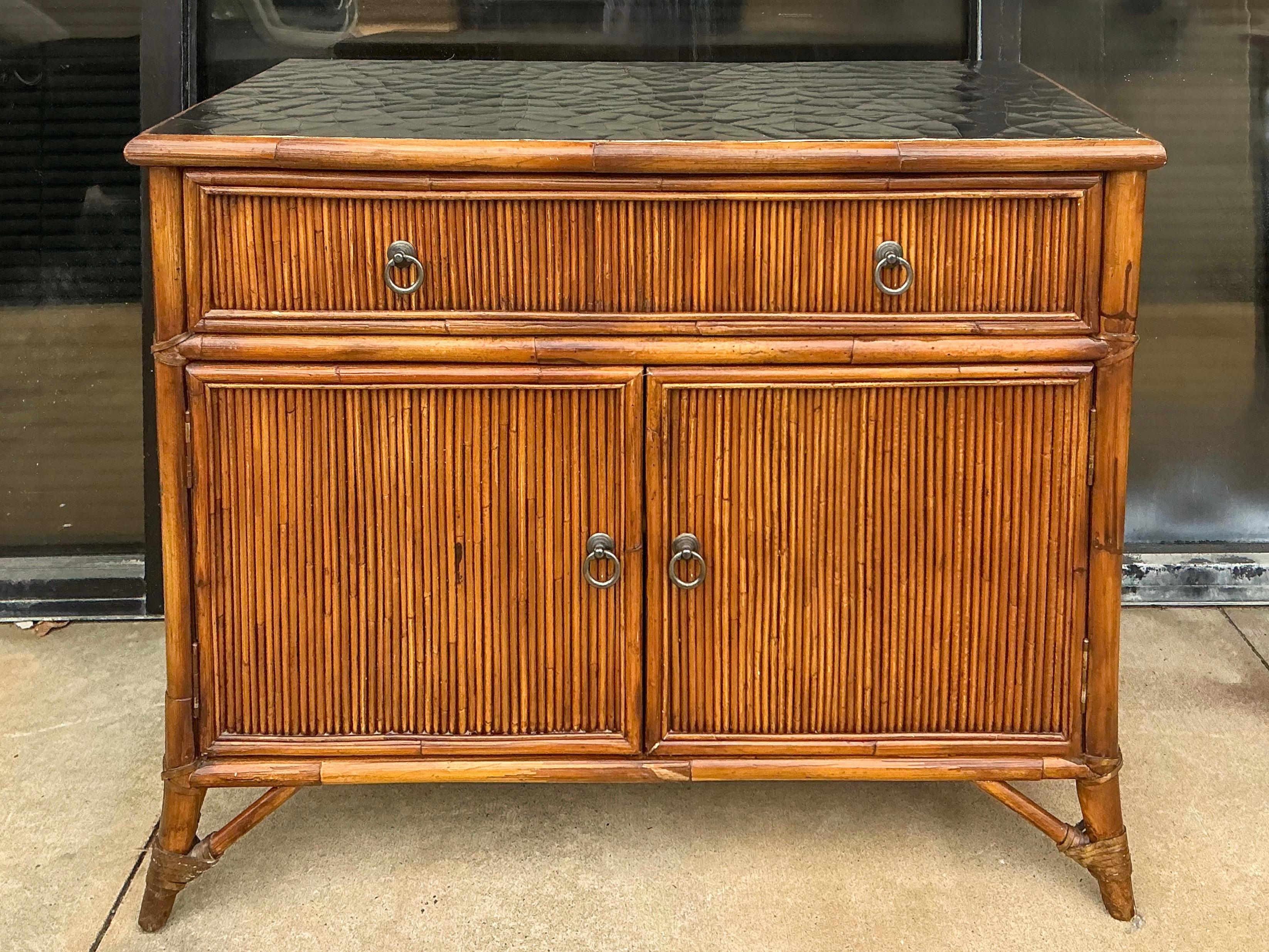 Regency Style Baker Furniture Bamboo & Lacquer Cabinets / Chests / Tables -Pair 1