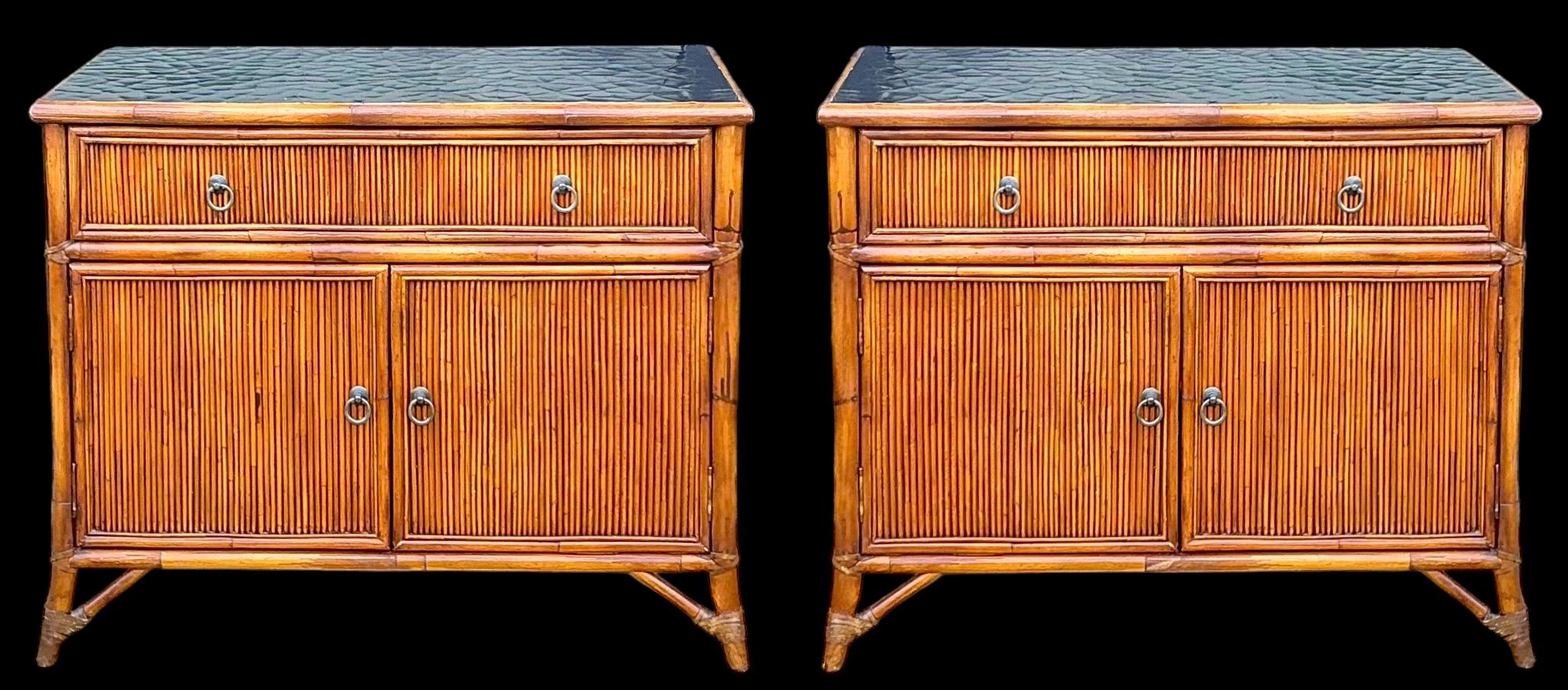 Regency Style Baker Furniture Bamboo & Lacquer Cabinets / Chests / Tables -Pair 2