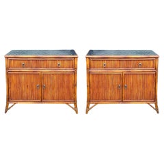 Regency Style Baker Furniture Bamboo & Lacquer Cabinets / Chests / Tables -Pair