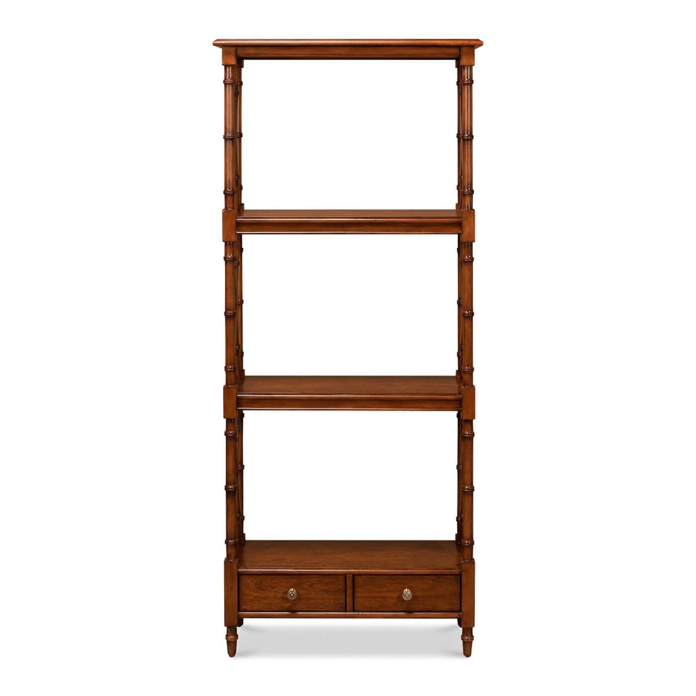 A regency-style bamboo etagere crafted from walnut and given our dark-aged tobacco finish. It includes fixed shelves and two drawers for storage. 

Dimensions:
25 in. W x 11 in. D x 58 in. H.
 