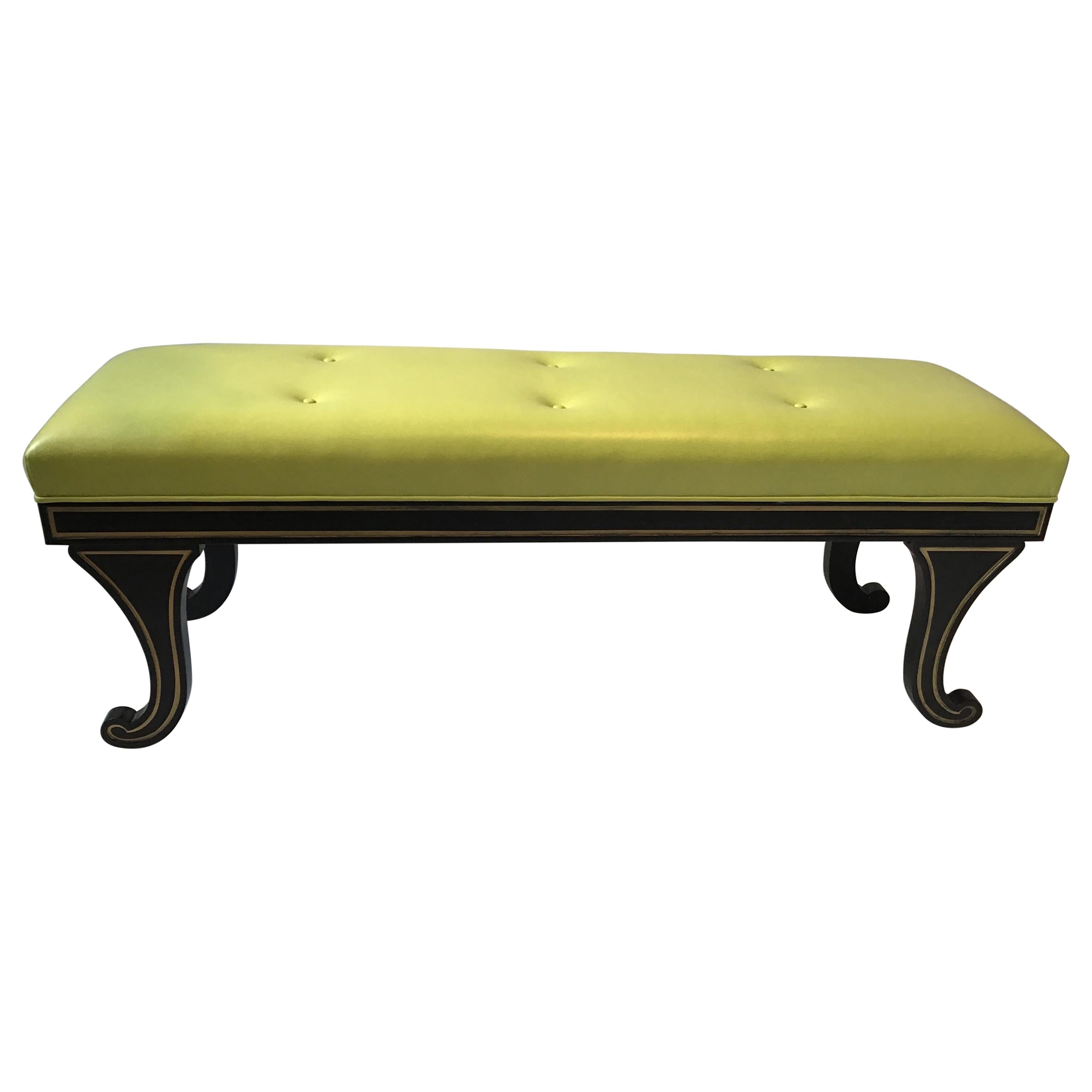 A Mid Century Ebonized Wood Bench in Chartreuse Upholstery at 1stDibs