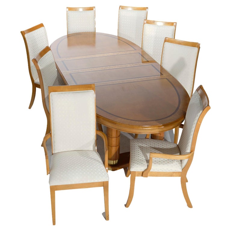 Regency Style Birds Eye Maple and Rosewood Inlay Dining Table and Eight