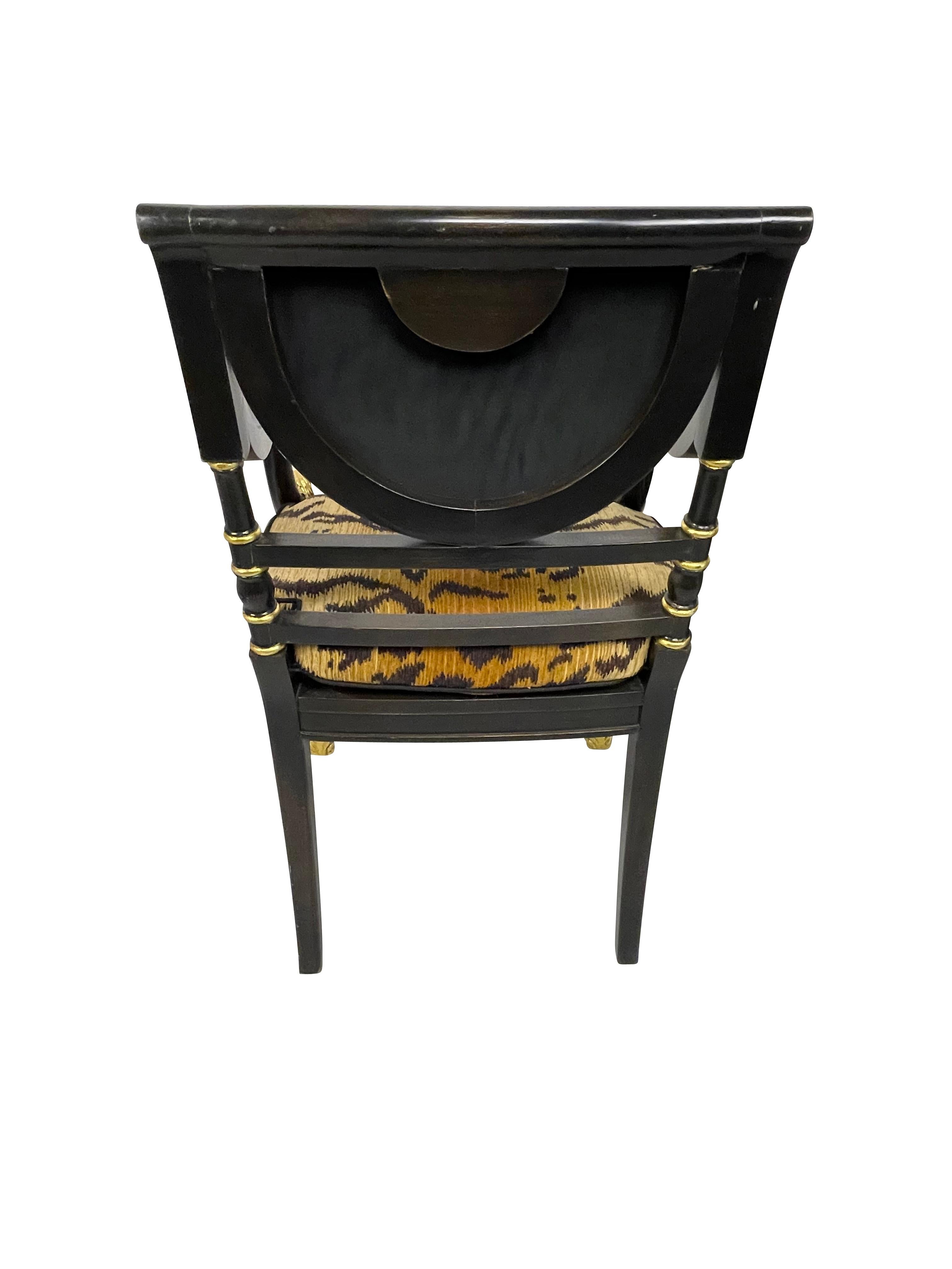 Regency Style Black Ebonized and Gilt Decorated Chairs with Animal Print Cushion 3