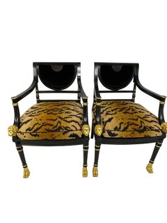 Regency Style Black Ebonized and Gilt Decorated Chairs with Animal Print Cushion