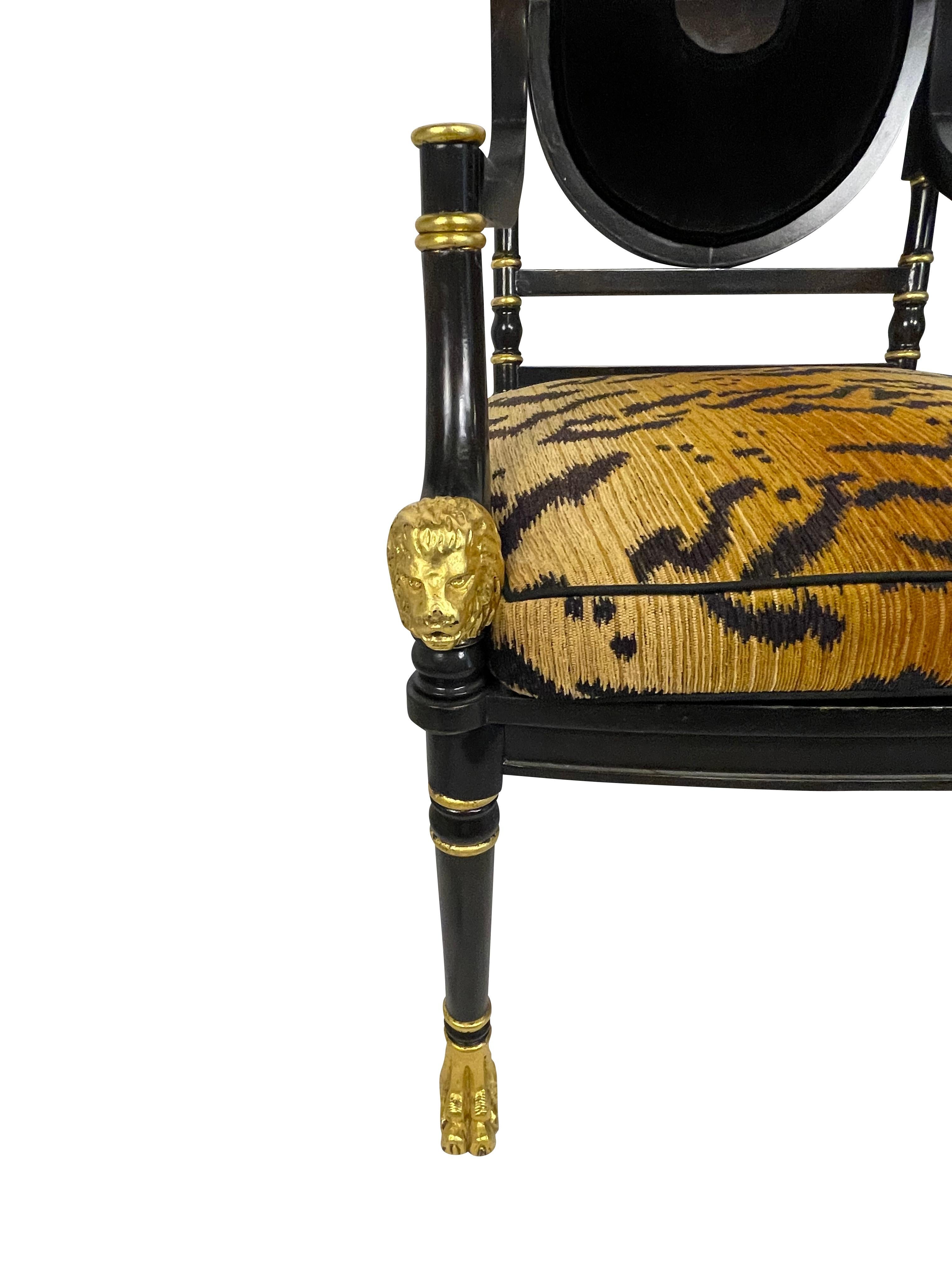 American Regency Style Black Ebonized and Gilt Decorated Chairs with Animal Print Cushion