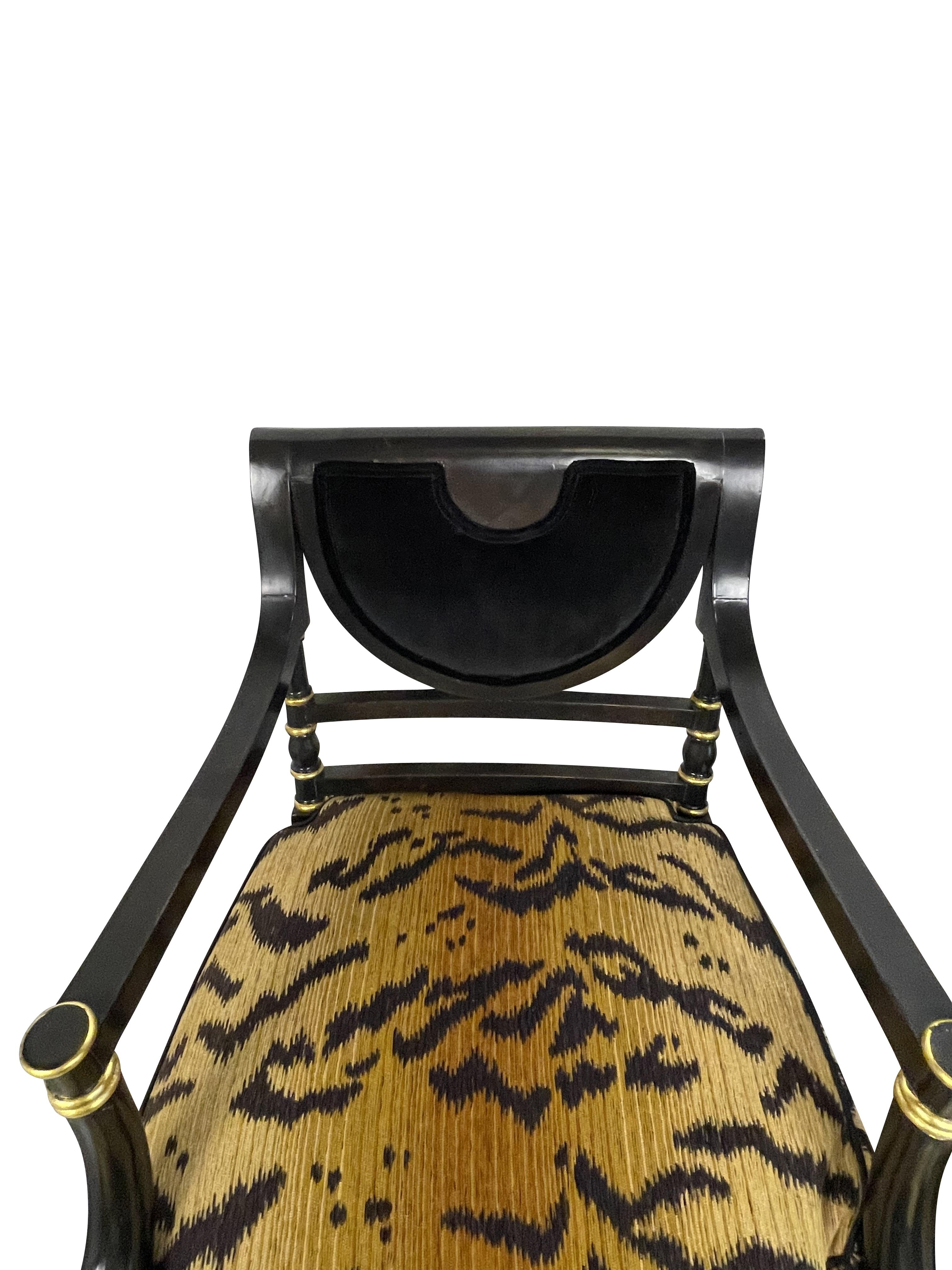 Regency Style Black Ebonized and Gilt Decorated Chairs with Animal Print Cushion In Good Condition In Essex, MA