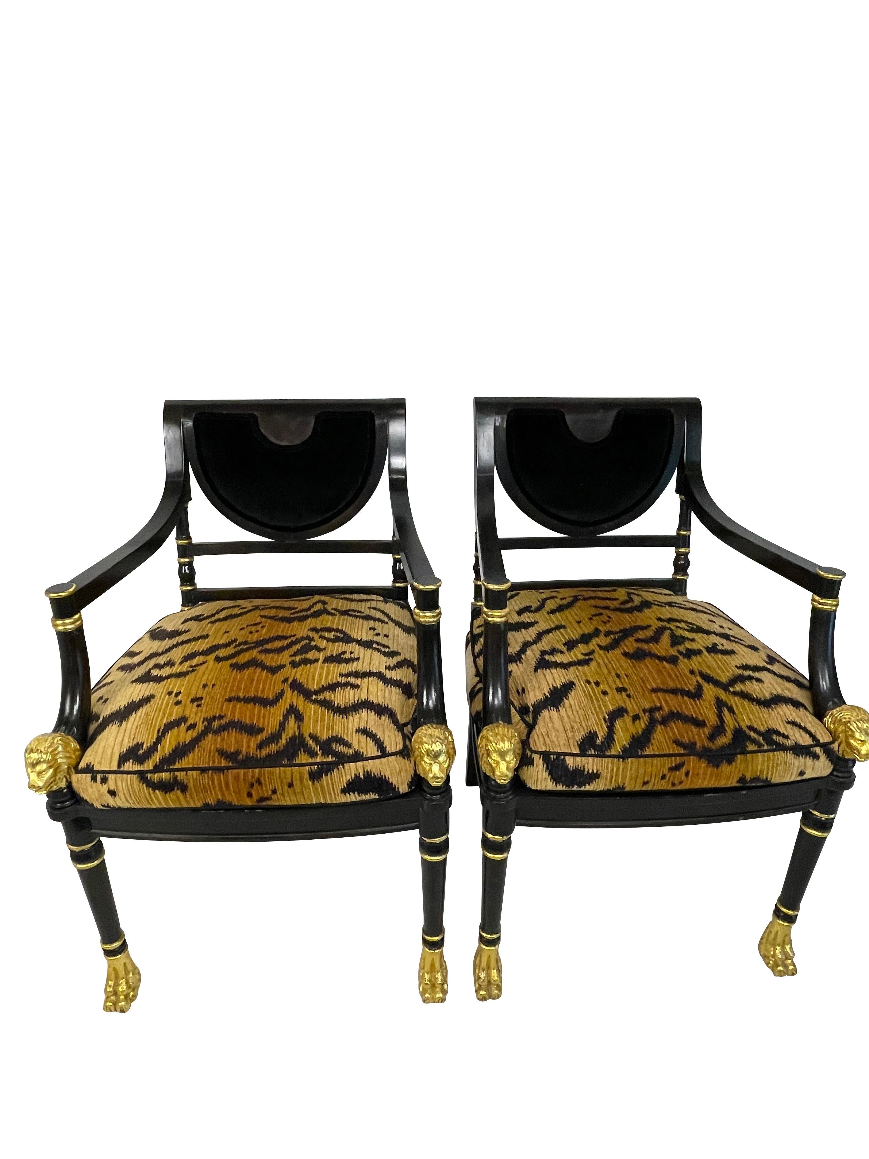 Wood Regency Style Black Ebonized and Gilt Decorated Chairs with Animal Print Cushion