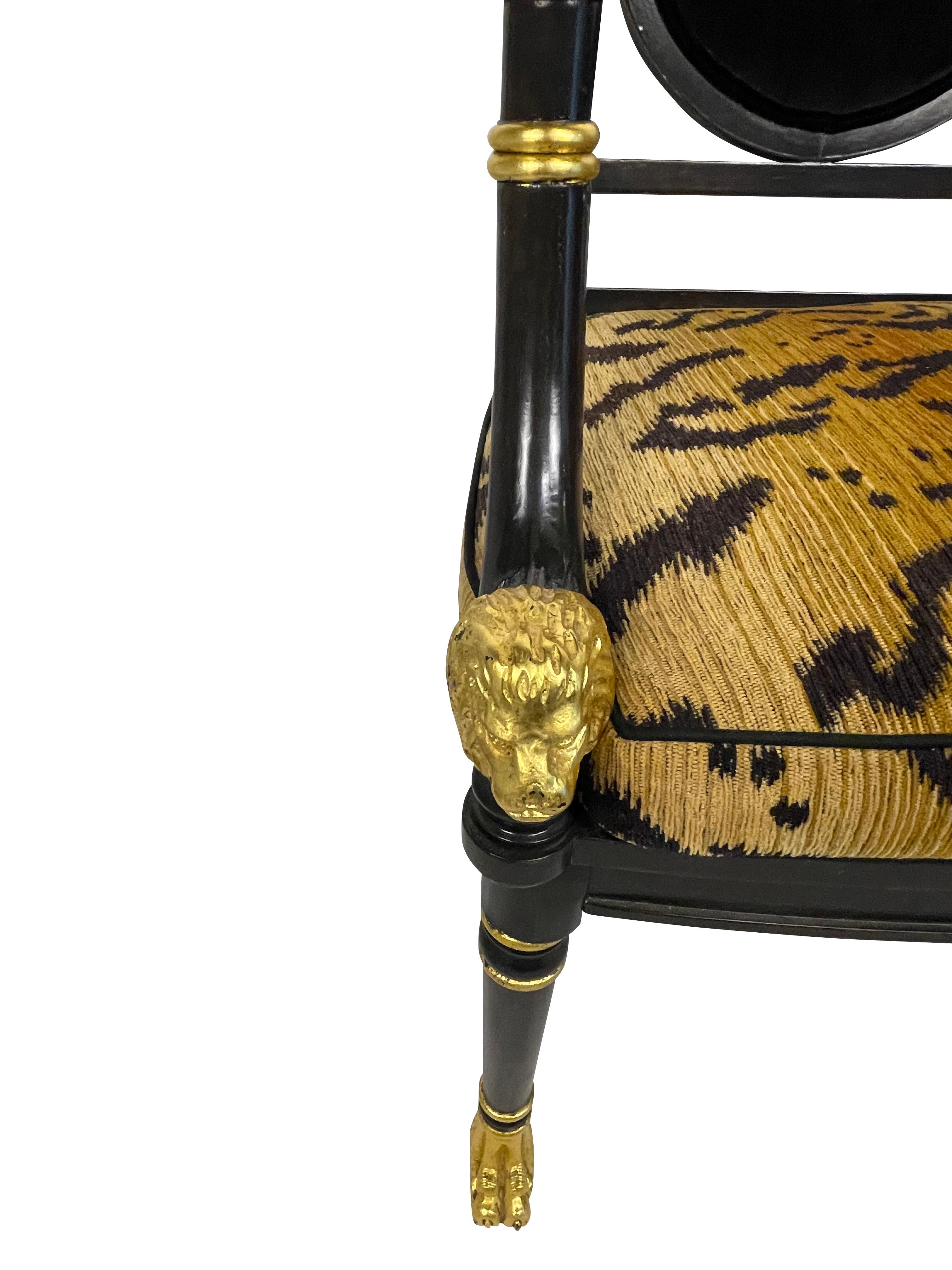 Regency Style Black Ebonized and Gilt Decorated Chairs with Animal Print Cushion 1