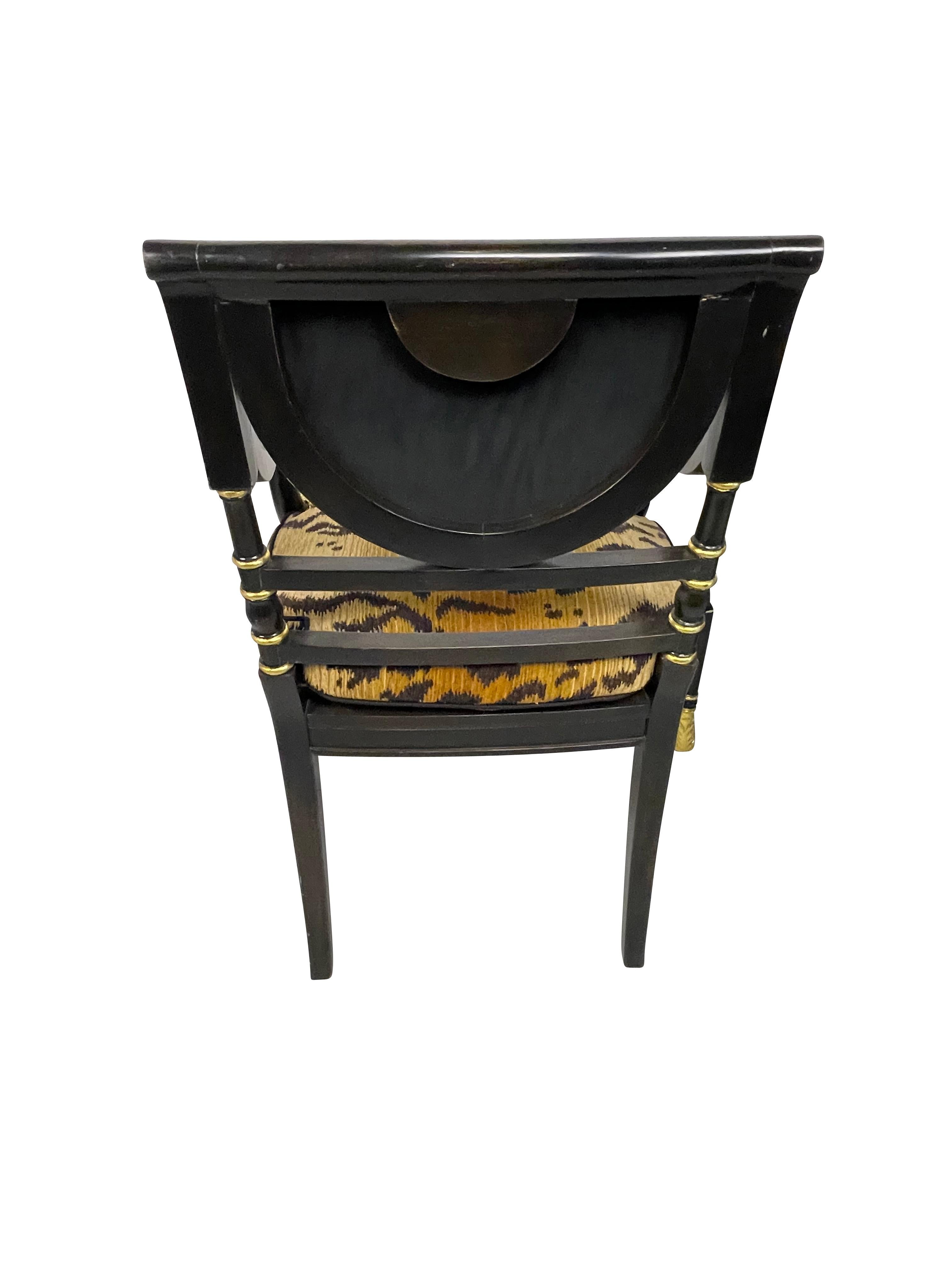 Regency Style Black Ebonized and Gilt Decorated Chairs with Animal Print Cushion 2