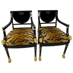 Regency Style Black Ebonized and Gilt Decorated Chairs with Animal Print Cushion