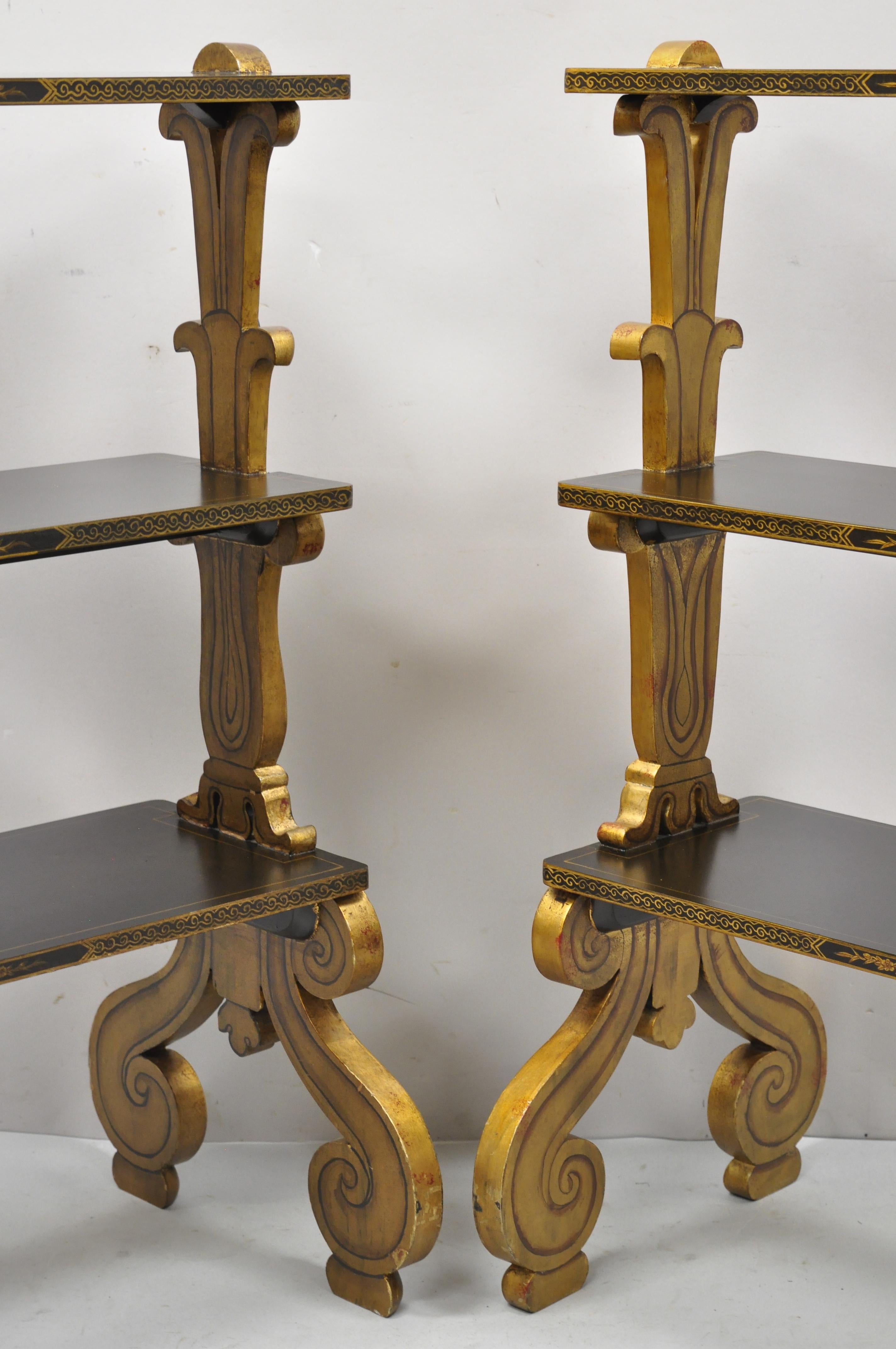 Regency Style Black & Gold 3 Tier Whatnot Stands Bookcase Shelves Curio, a Pair For Sale 5