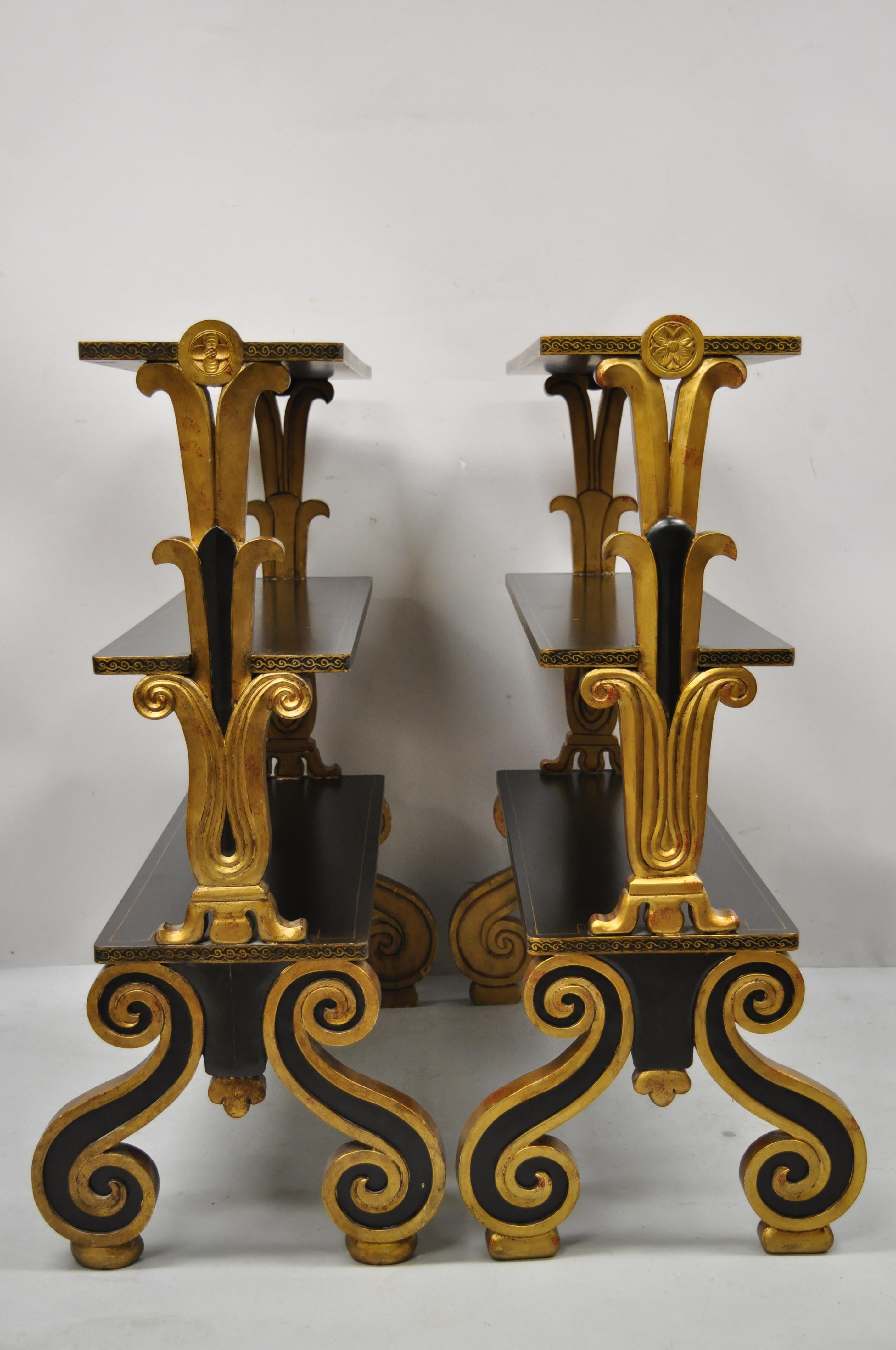 Regency Style Black & Gold 3 Tier Whatnot Stands Bookcase Shelves Curio, a Pair In Good Condition For Sale In Philadelphia, PA
